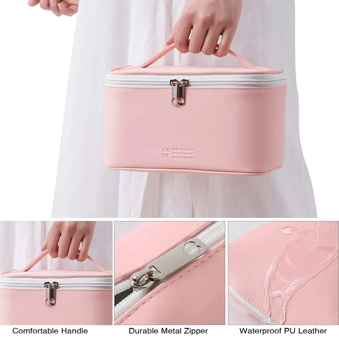 FITINI 3 Pack Makeup Bag Sets Travel Large Toiletry Bag Portable Cosmetic Zipper Pouch with Brush Organizer Waterproof Small Storage Case for Women and Girls,Light Pink