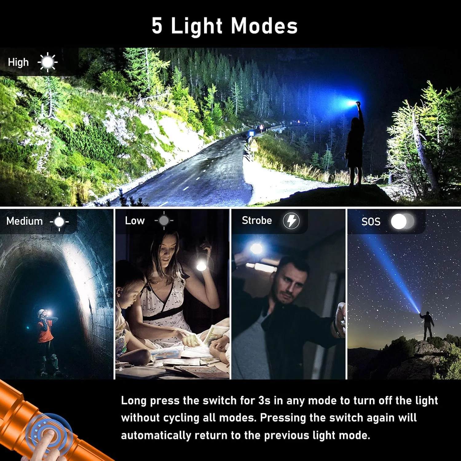 Flashlight Rechargeable, Super Bright Flashlights - Zoomable, 5 Light Modes, IP67 Waterproof, Powerful Long Lasting Handheld Flash Light for Emergencies-Orange