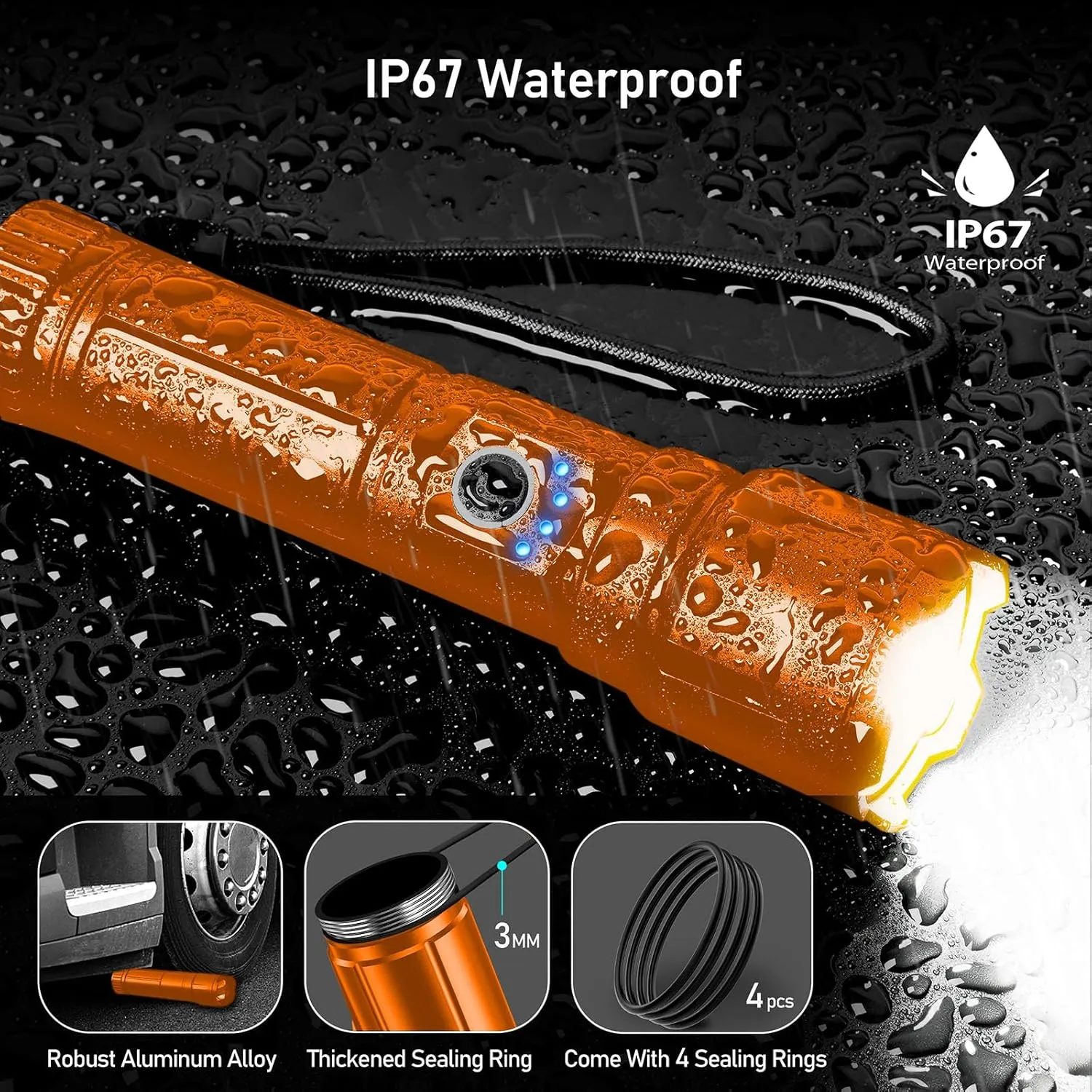 Flashlight Rechargeable, Super Bright Flashlights - Zoomable, 5 Light Modes, IP67 Waterproof, Powerful Long Lasting Handheld Flash Light for Emergencies-Orange