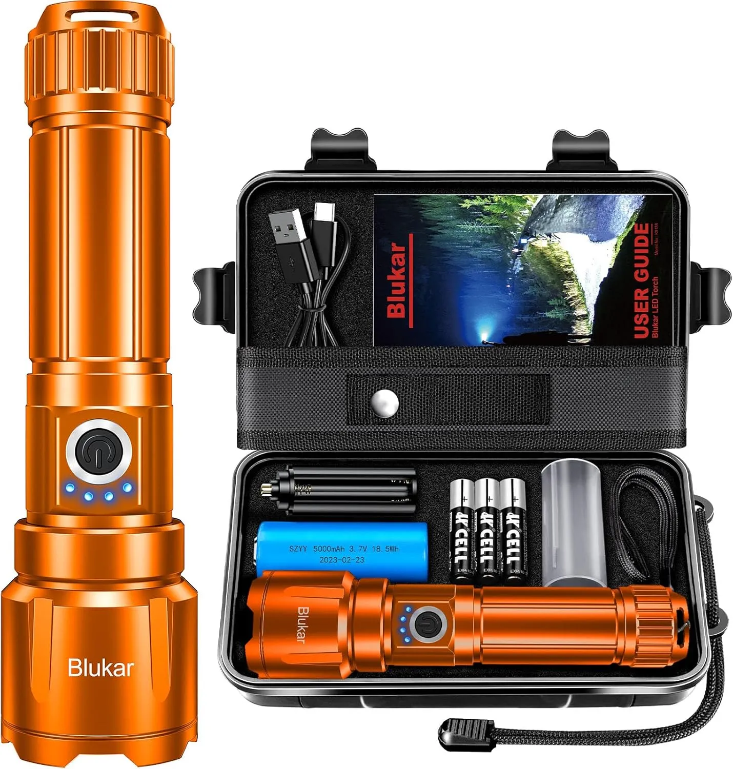 Flashlight Rechargeable, Super Bright Flashlights - Zoomable, 5 Light Modes, IP67 Waterproof, Powerful Long Lasting Handheld Flash Light for Emergencies-Orange