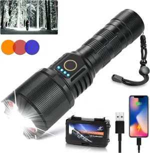 Flashlights High Lumens 990000 LED Rechargeable Tactical Flashlight Zoomable 3 Modes Fast Charging IPX6 Waterproof Super Bright Black Handheld Flashlights for Camping Hiking Outdoor and Gift