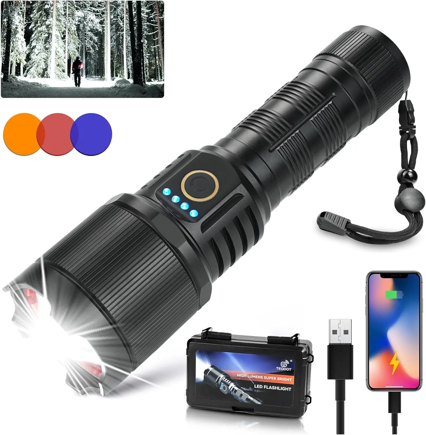 Flashlights High Lumens 990000 LED Rechargeable Tactical Flashlight Zoomable 3 Modes Fast Charging IPX6 Waterproof Super Bright Black Handheld Flashlights for Camping Hiking Outdoor and Gift