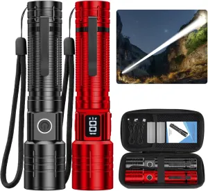 Flashlights High Lumens Rechargeable Super Bright LED Flashlight with Dimmable, Zoomable Beam Tactical Flash Lights Small Powerful ((Black   Red) with case)