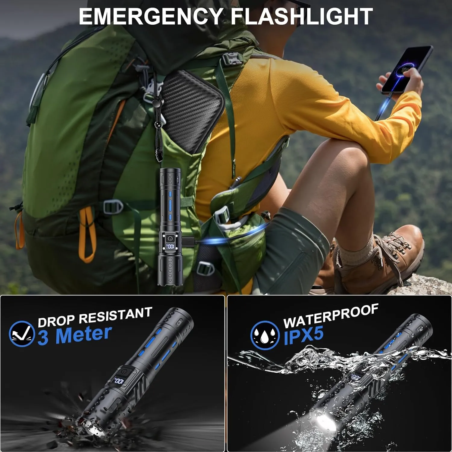 Flashlights High Lumens Rechargeable - Super Bright Tactical LED Flash Light, Dimmable&Memory Function Powerful Waterproof Flashlight for Camping,6 Modes,Zoomable,LCD Display (1, Black)