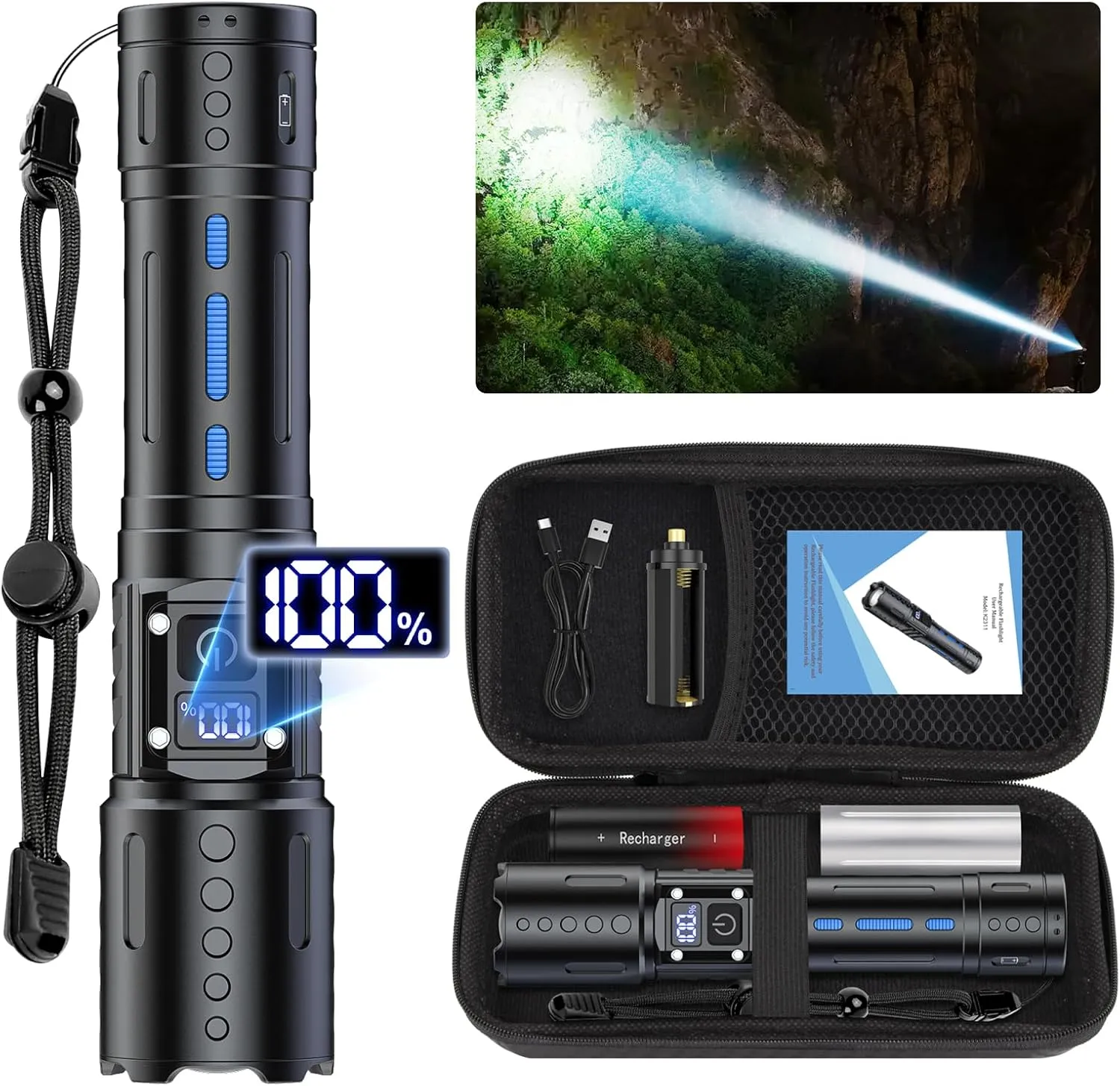 Flashlights High Lumens Rechargeable - Super Bright Tactical LED Flash Light, Dimmable&Memory Function Powerful Waterproof Flashlight for Camping,6 Modes,Zoomable,LCD Display (1, Black)