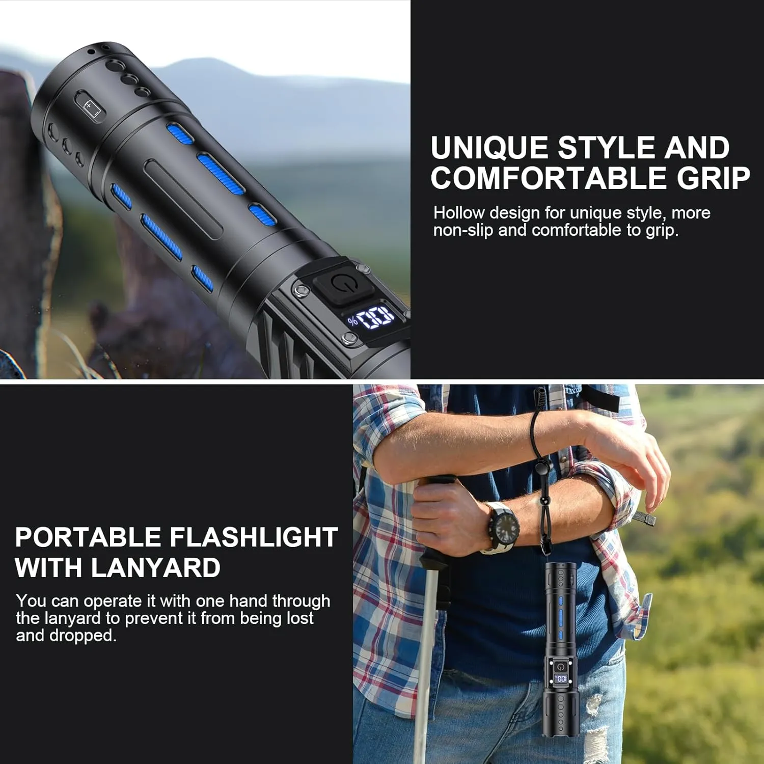 Flashlights High Lumens Rechargeable - Super Bright Tactical LED Flash Light, Dimmable&Memory Function Powerful Waterproof Flashlight for Camping,6 Modes,Zoomable,LCD Display (2, Black)