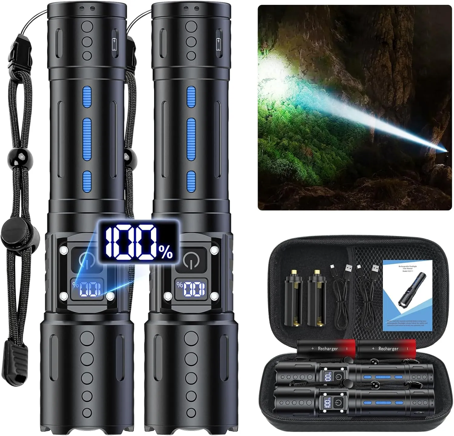Flashlights High Lumens Rechargeable - Super Bright Tactical LED Flash Light, Dimmable&Memory Function Powerful Waterproof Flashlight for Camping,6 Modes,Zoomable,LCD Display (2, Black)