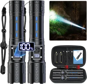 Flashlights High Lumens Rechargeable - Super Bright Tactical LED Flash Light, Dimmable&Memory Function Powerful Waterproof Flashlight for Camping,6 Modes,Zoomable,LCD Display (2, Black)