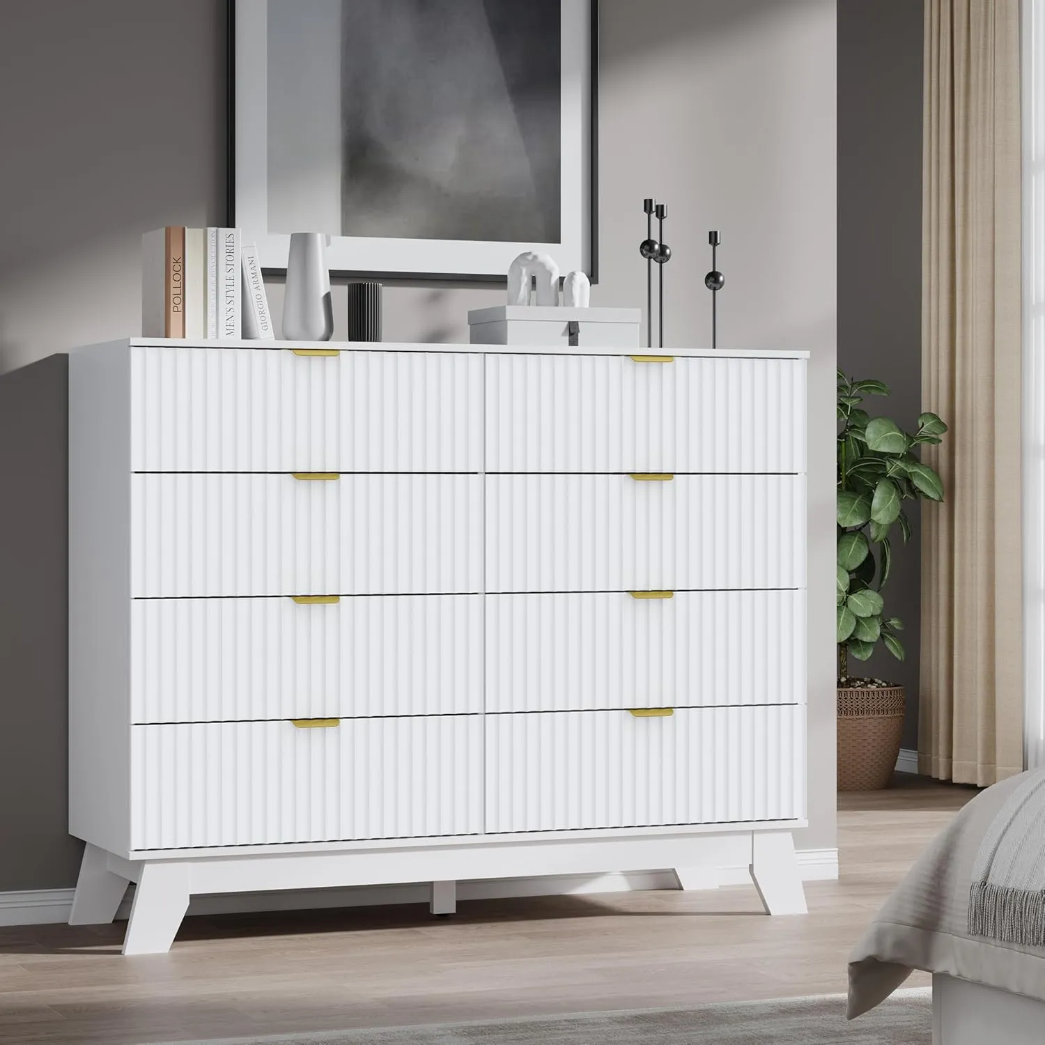 Fluted 8 Drawer Tall Dresser, 47.2" Wide Modern Boho Chest of Drawers, Wooden Storage Dresser TV Stand for Bedroom, Living Room, Closet, Hallway, Curved Profile Design