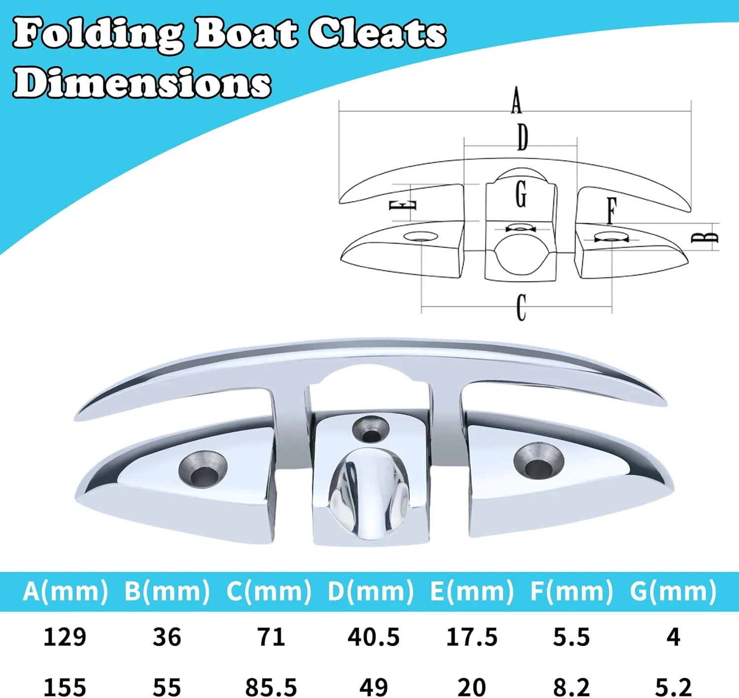 Folding Boat Cleats 316 Stainless Steel - 5"/6" Marine Grade Flip-Up Dock Cleats with Backing Plates & Fasteners - Compatible with Yacht, Kayak, Pontoon - 2/4 Pack