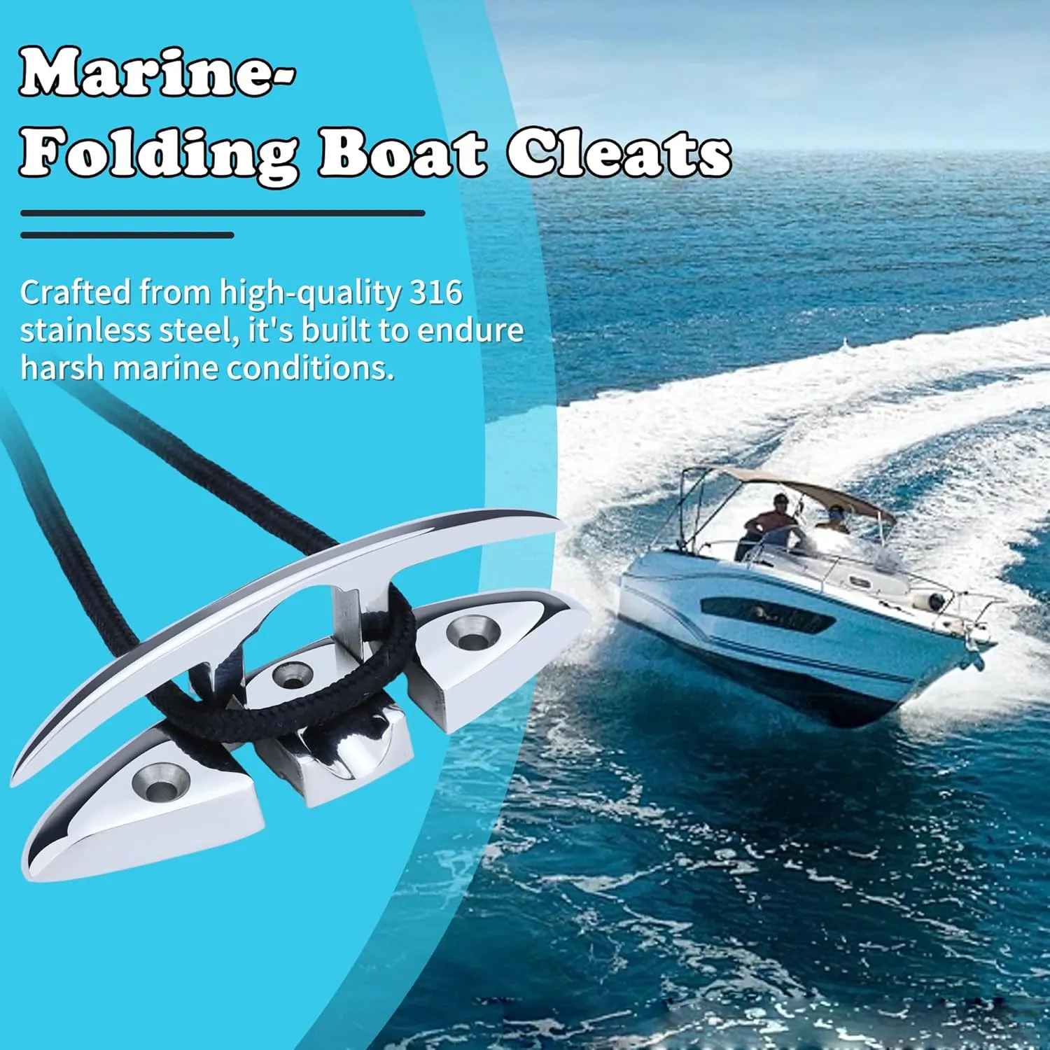Folding Boat Cleats 316 Stainless Steel - 5"/6" Marine Grade Flip-Up Dock Cleats with Backing Plates & Fasteners - Compatible with Yacht, Kayak, Pontoon - 2/4 Pack