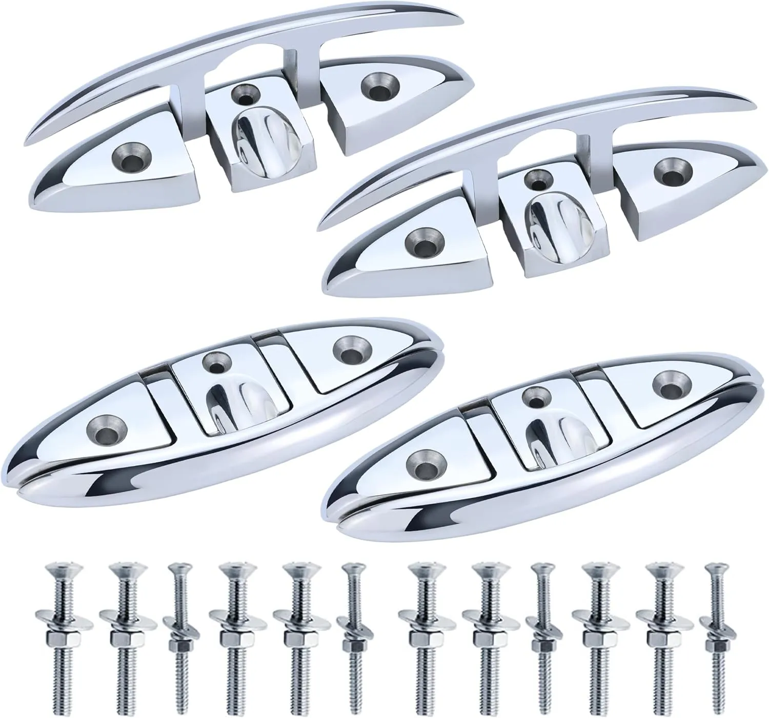 Folding Boat Cleats 316 Stainless Steel - 5"/6" Marine Grade Flip-Up Dock Cleats with Backing Plates & Fasteners - Compatible with Yacht, Kayak, Pontoon - 2/4 Pack