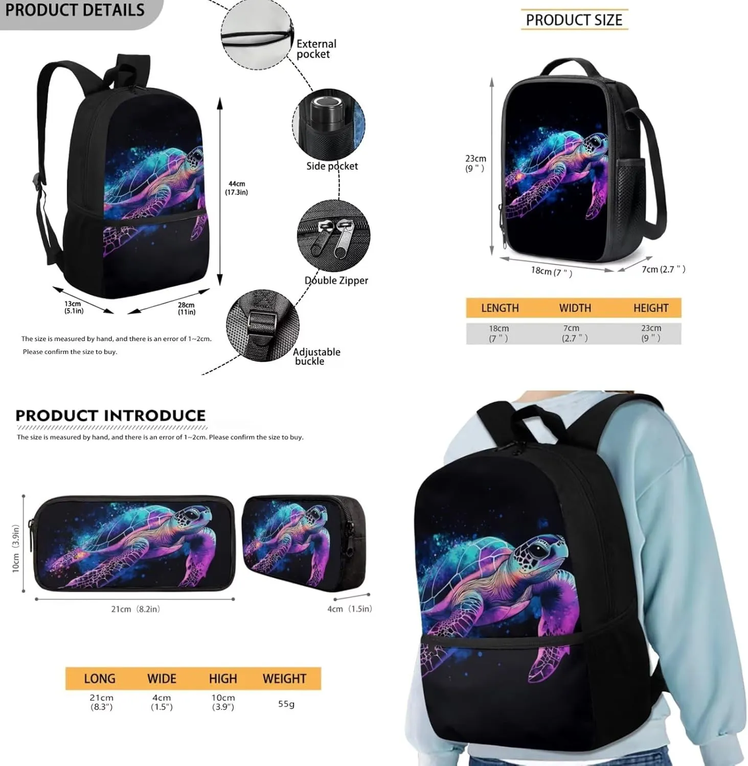 FOR U DESIGNS Turtle Backpack for Boys 6-8 Kindergarten Elementary School Bag 1st Grade Trendy Bookbag Set with Lunch Box 3 in 1 Travel Rucksack 17 Inch