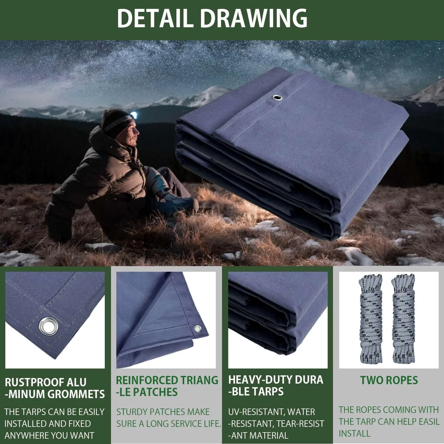 FoundGo Canvas Tarp 6x8ft Heavy Duty Waterresistant Tarps with Grommets, UV Resistant, 22 Mil Tarpaulin,14 oz Durable Cloth Covers for Car, Roof, Boat, Camp, Canopy, Woodpile with Ropes-Blue