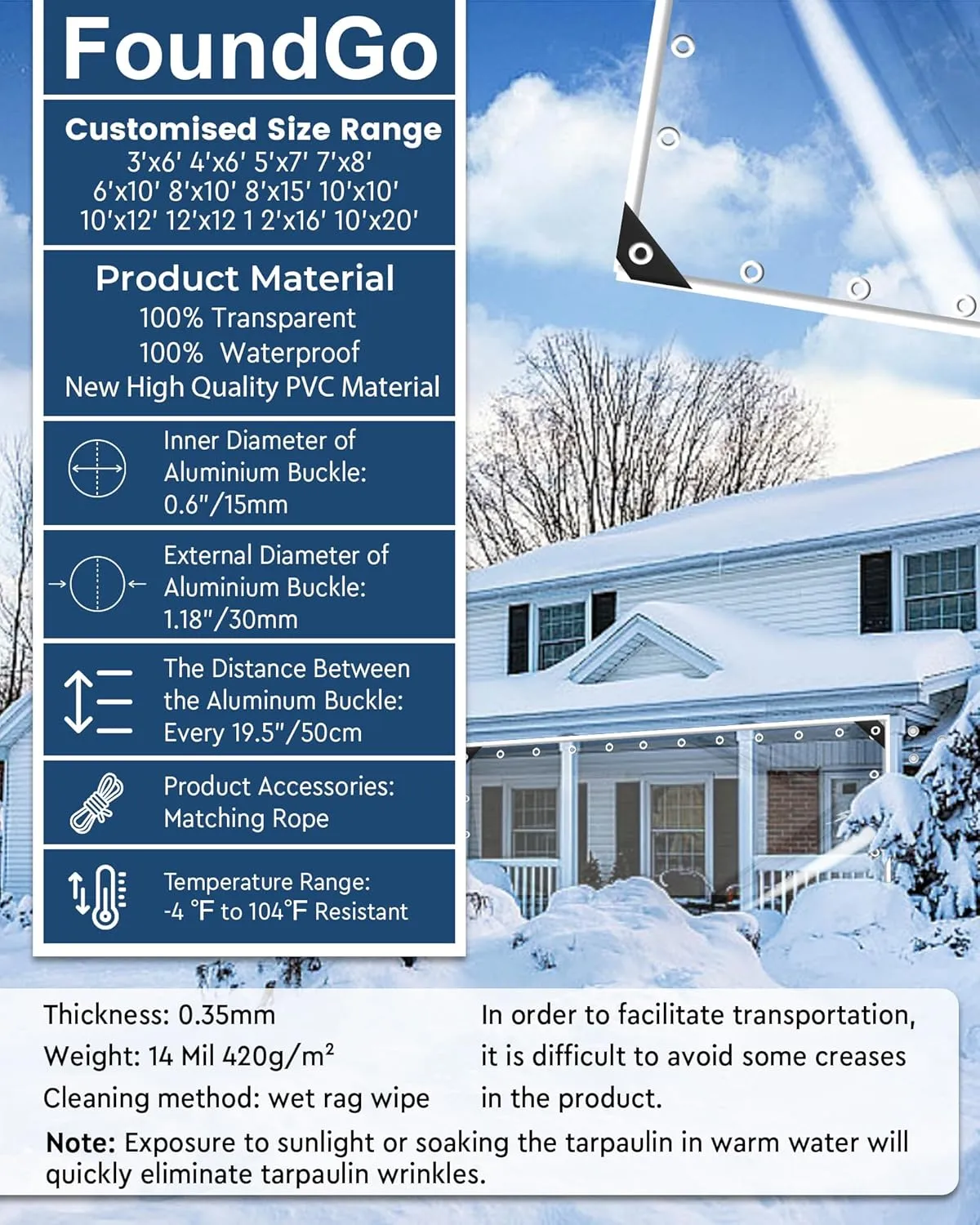FoundGo Clear PVC Vinyl Tarp - 10'x10' - 14 Mil Thickness - Transparent Polytarp with Metal Grommets - Waterproof, UV & Tear Resistant - Ideal for Protection Against Cold Weather & Elements