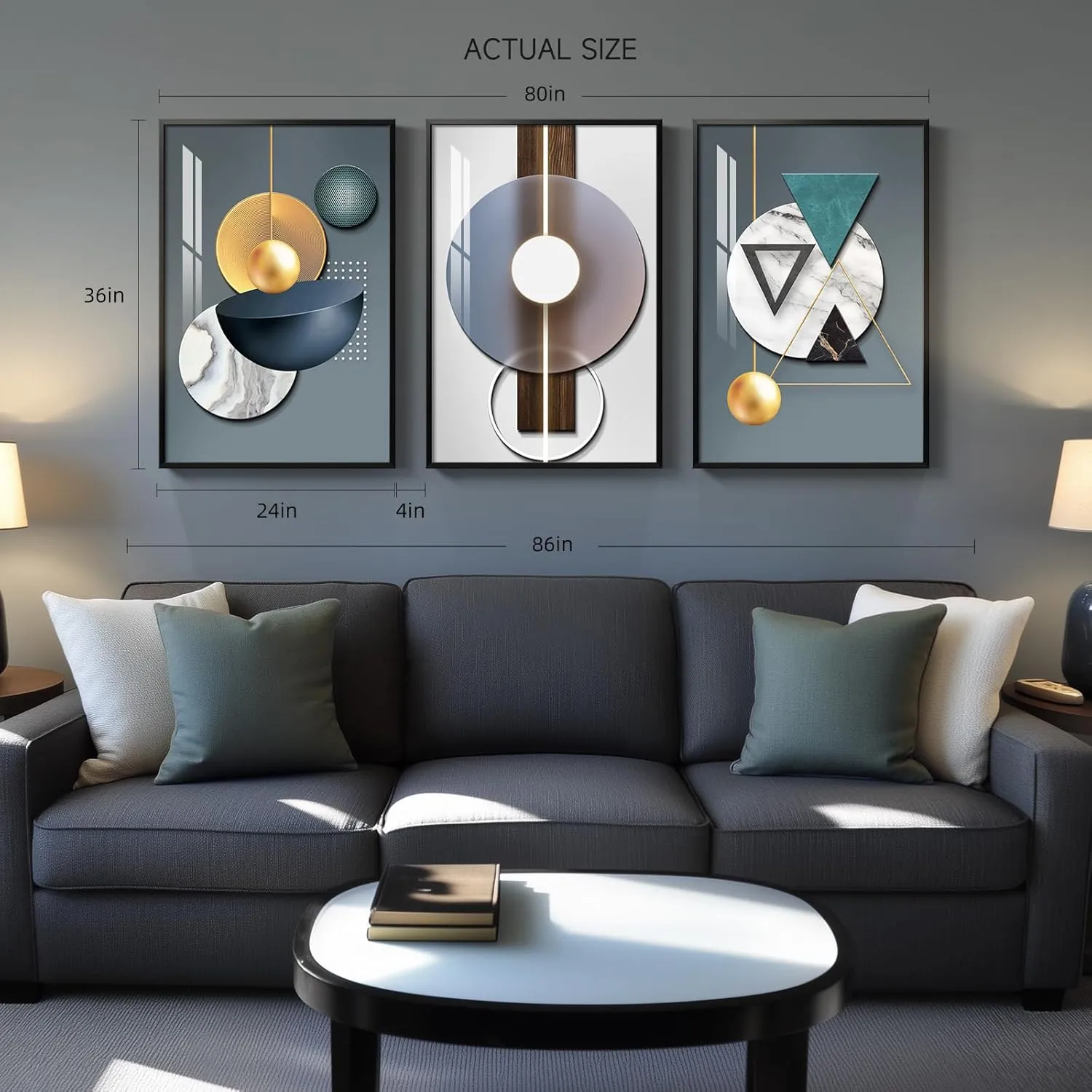 Framed Large Modern Luxury Wall Art for Living Room, 3 Piece Abstract Blue Green Paintings Wall Decor, Bright Style Geometry Prints Artwork with Black Frame for Office 24x36 Inch
