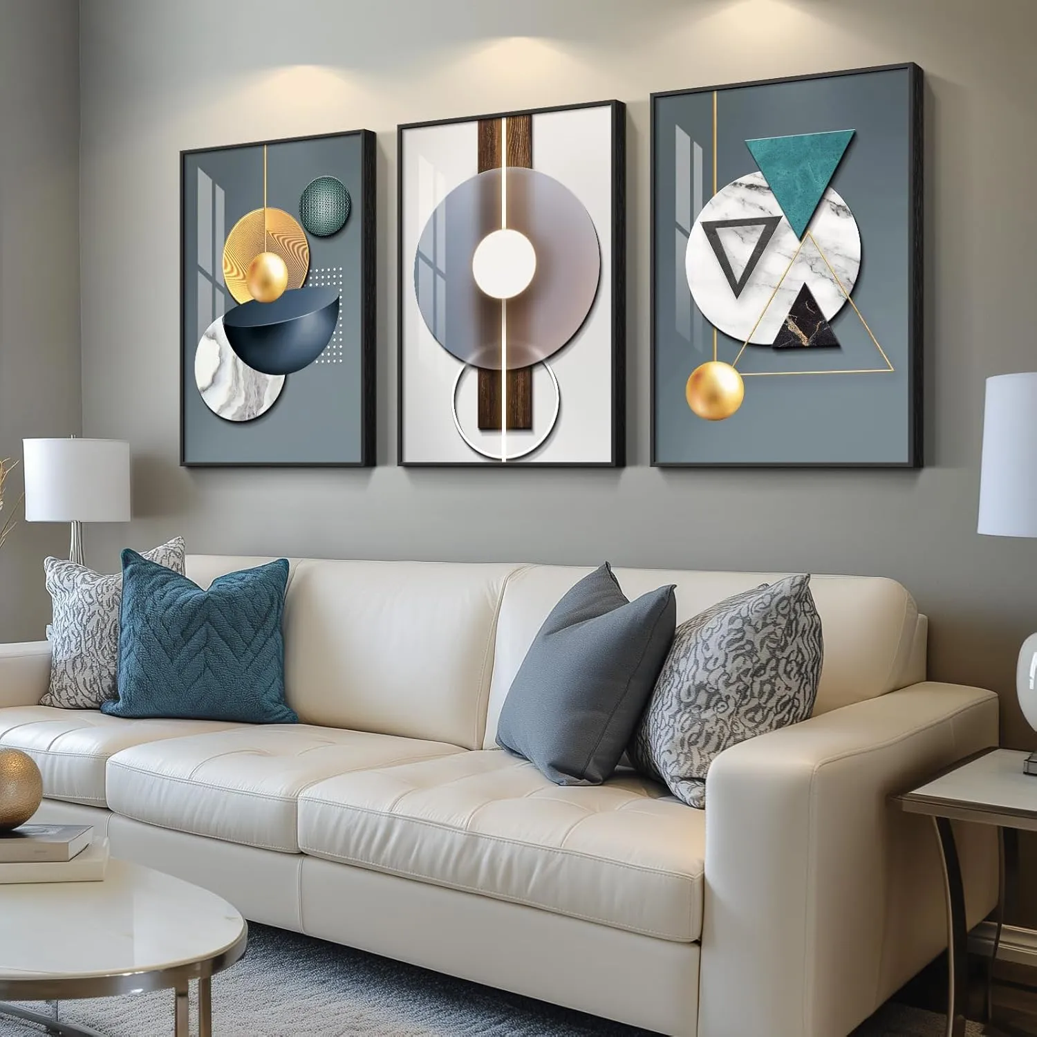 Framed Large Modern Luxury Wall Art for Living Room, 3 Piece Abstract Blue Green Paintings Wall Decor, Bright Style Geometry Prints Artwork with Black Frame for Office 24x36 Inch