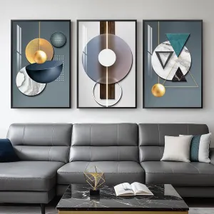 Framed Large Modern Luxury Wall Art for Living Room, 3 Piece Abstract Blue Green Paintings Wall Decor, Bright Style Geometry Prints Artwork with Black Frame for Office 24x36 Inch