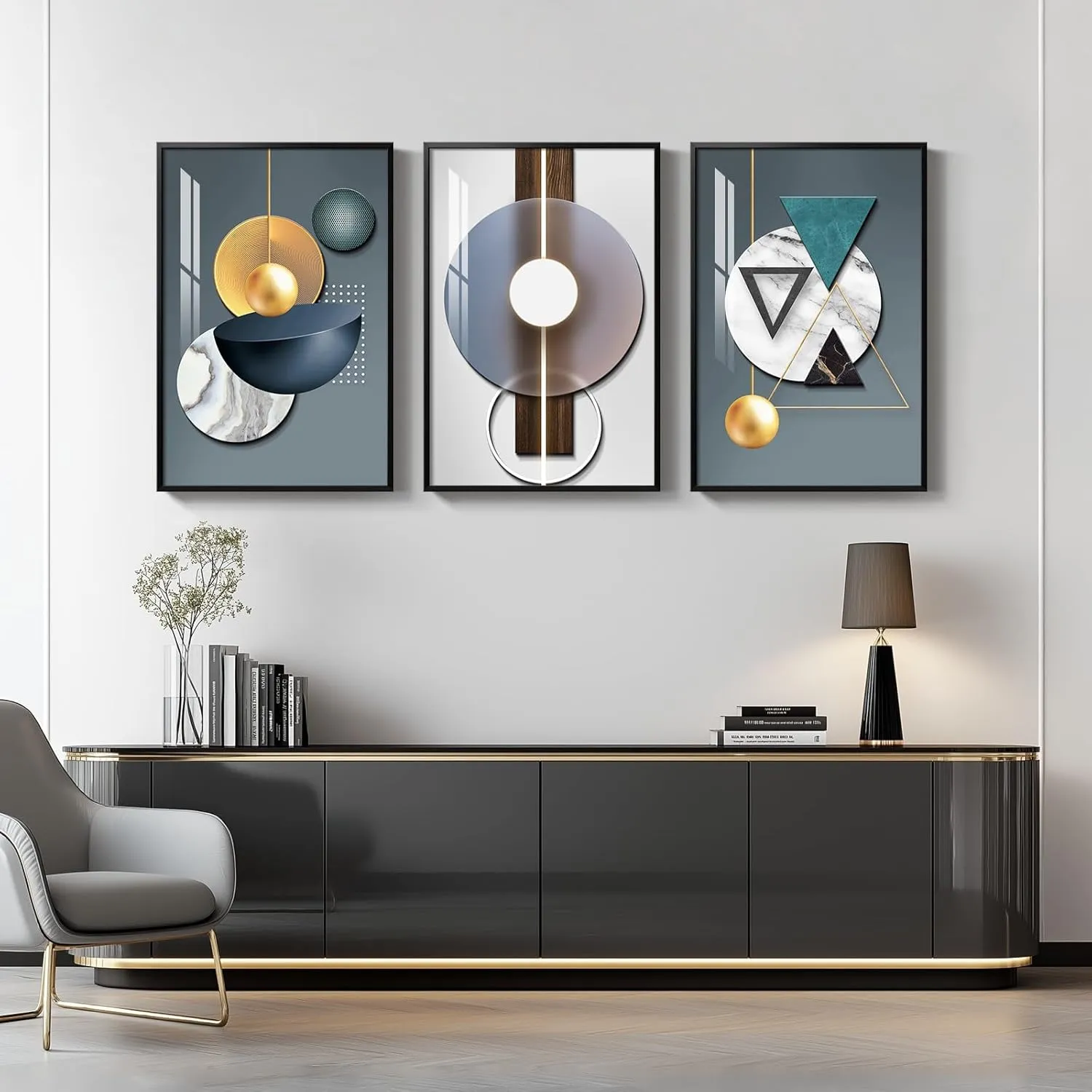 Framed Large Modern Luxury Wall Art for Living Room, 3 Piece Abstract Blue Green Paintings Wall Decor, Bright Style Geometry Prints Artwork with Black Frame for Office 24x36 Inch