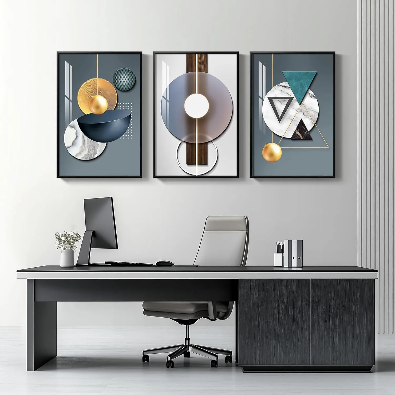 Framed Large Modern Luxury Wall Art for Living Room, 3 Piece Abstract Blue Green Paintings Wall Decor, Bright Style Geometry Prints Artwork with Black Frame for Office 24x36 Inch