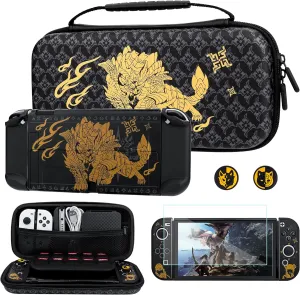 FUNDIARY Black Travel Carrying Case for Nintendo Switch OLED with Monster Hunter Design, Shockproof Accessories Kit with Portable Storage Bag, Hard PC Protective Case, Screen Protector & 2 Thumb Grips