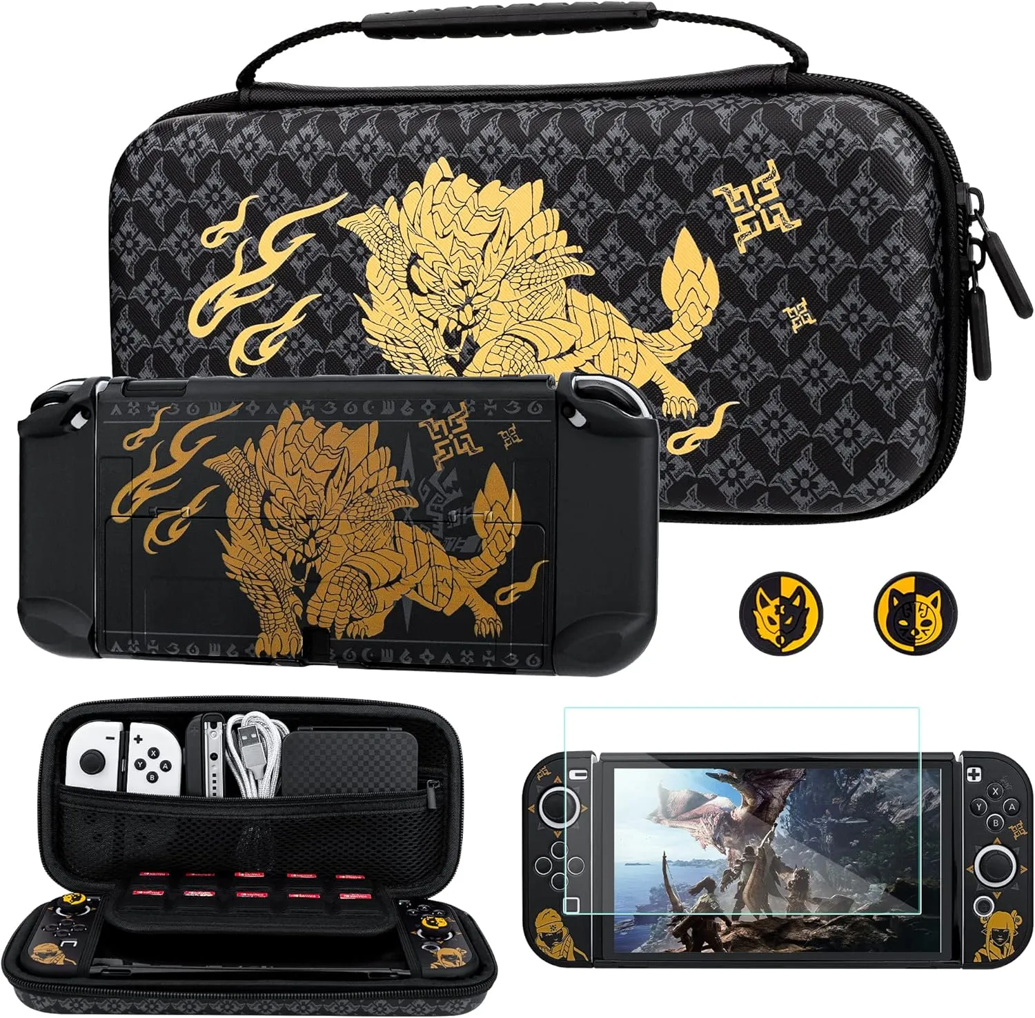 FUNDIARY Black Travel Carrying Case for Nintendo Switch OLED with Monster Hunter Design, Shockproof Accessories Kit with Portable Storage Bag, Hard PC Protective Case, Screen Protector & 2 Thumb Grips