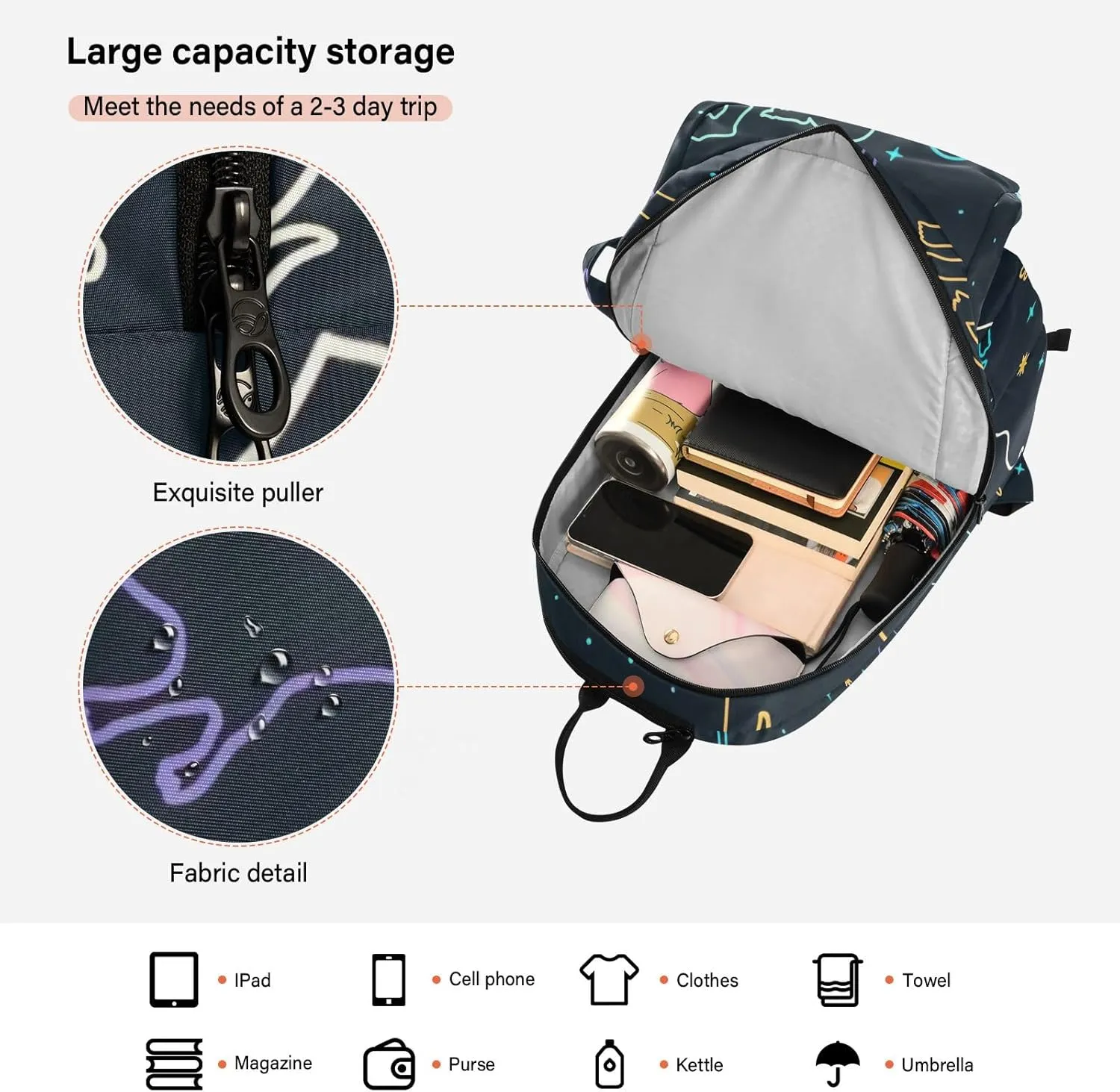 GAIGEO Basketball Sports Doodles Black Tennis Racket Backpack, Large Capacity Pickleball Holder, Various Storage Methods