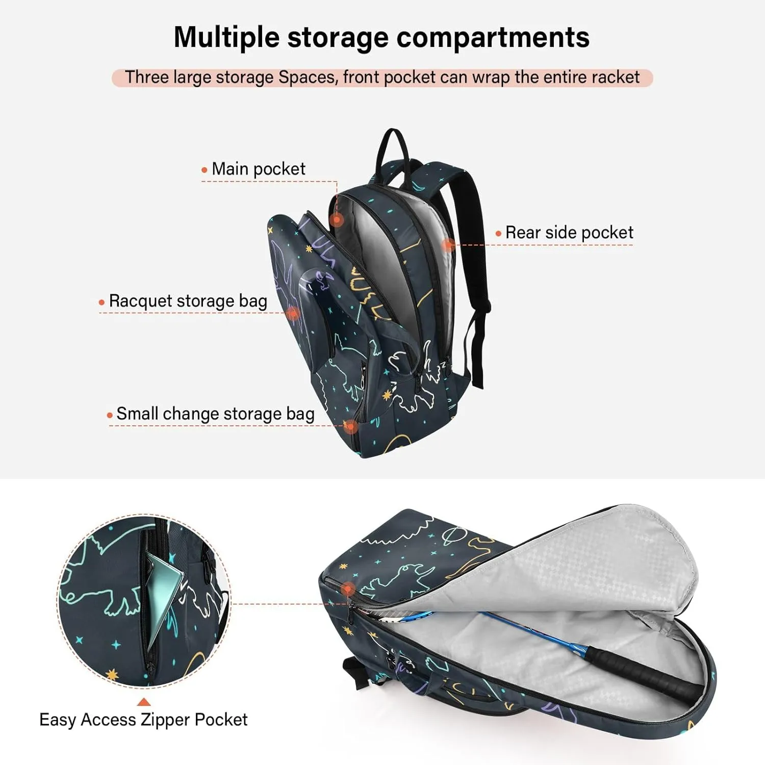 GAIGEO Basketball Sports Doodles Black Tennis Racket Backpack, Large Capacity Pickleball Holder, Various Storage Methods