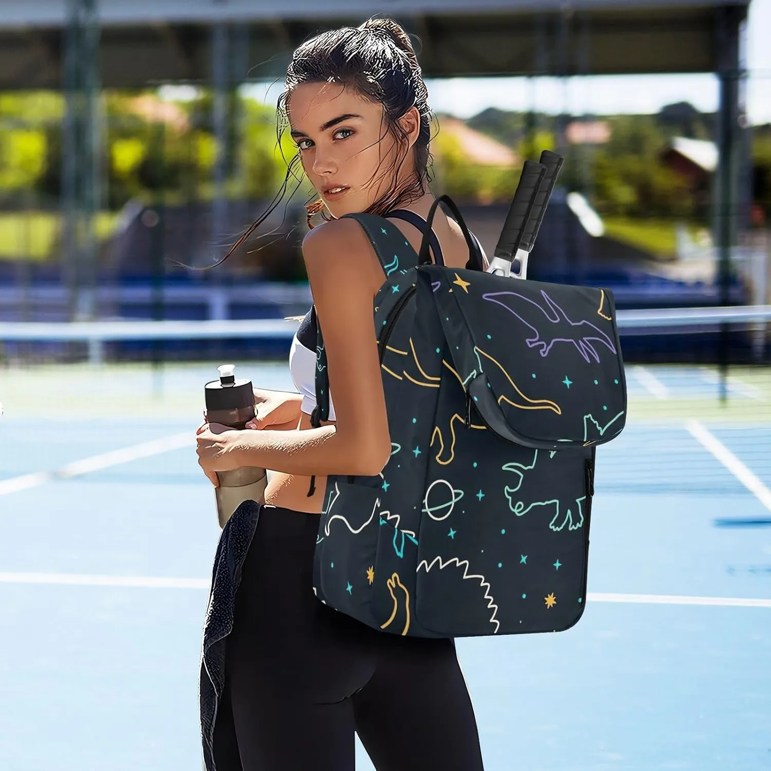 GAIGEO Basketball Sports Doodles Black Tennis Racket Backpack, Large Capacity Pickleball Holder, Various Storage Methods