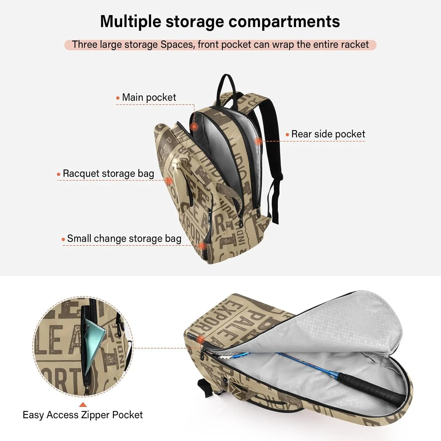 GAIGEO Basketball Sports Doodles Black Tennis Racket Backpack, Large Capacity Pickleball Holder, Various Storage Methods