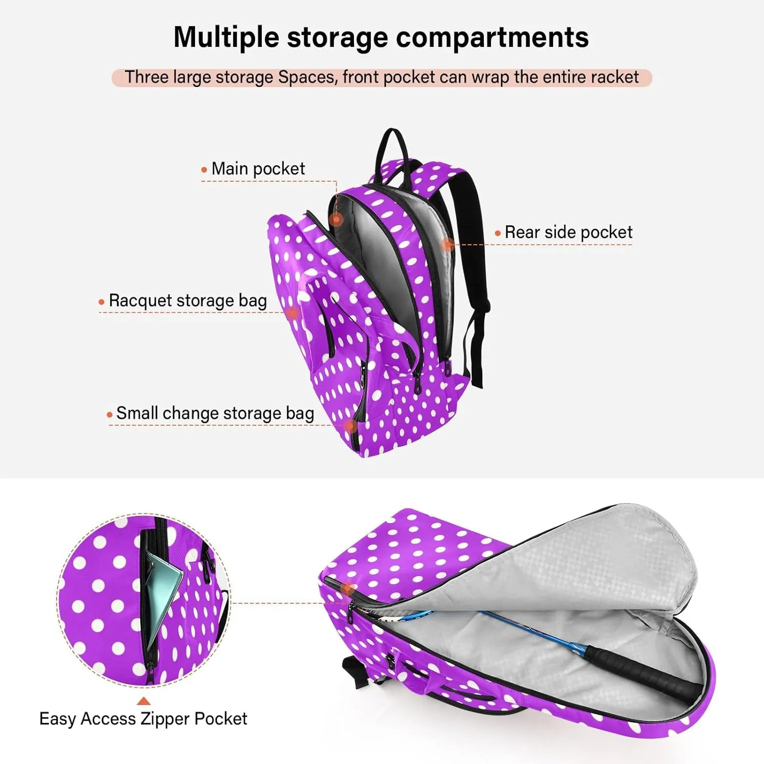 GAIGEO Polka Dot Racket Bag, Multilayer Design Badminton Bag, Sports and Daily Use