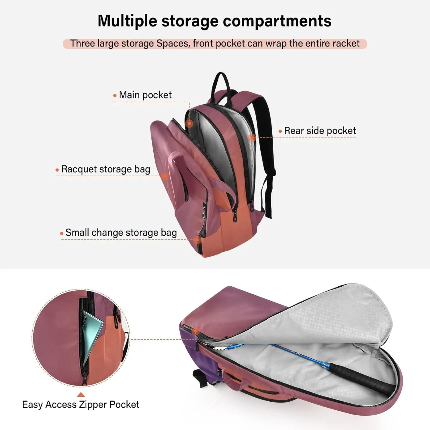 GAIGEO Red Polka Dot Black Tennis Racket Backpack, Expandable Tennis Stuff, Sandwich Mesh Back, Breathable and not Stuffy