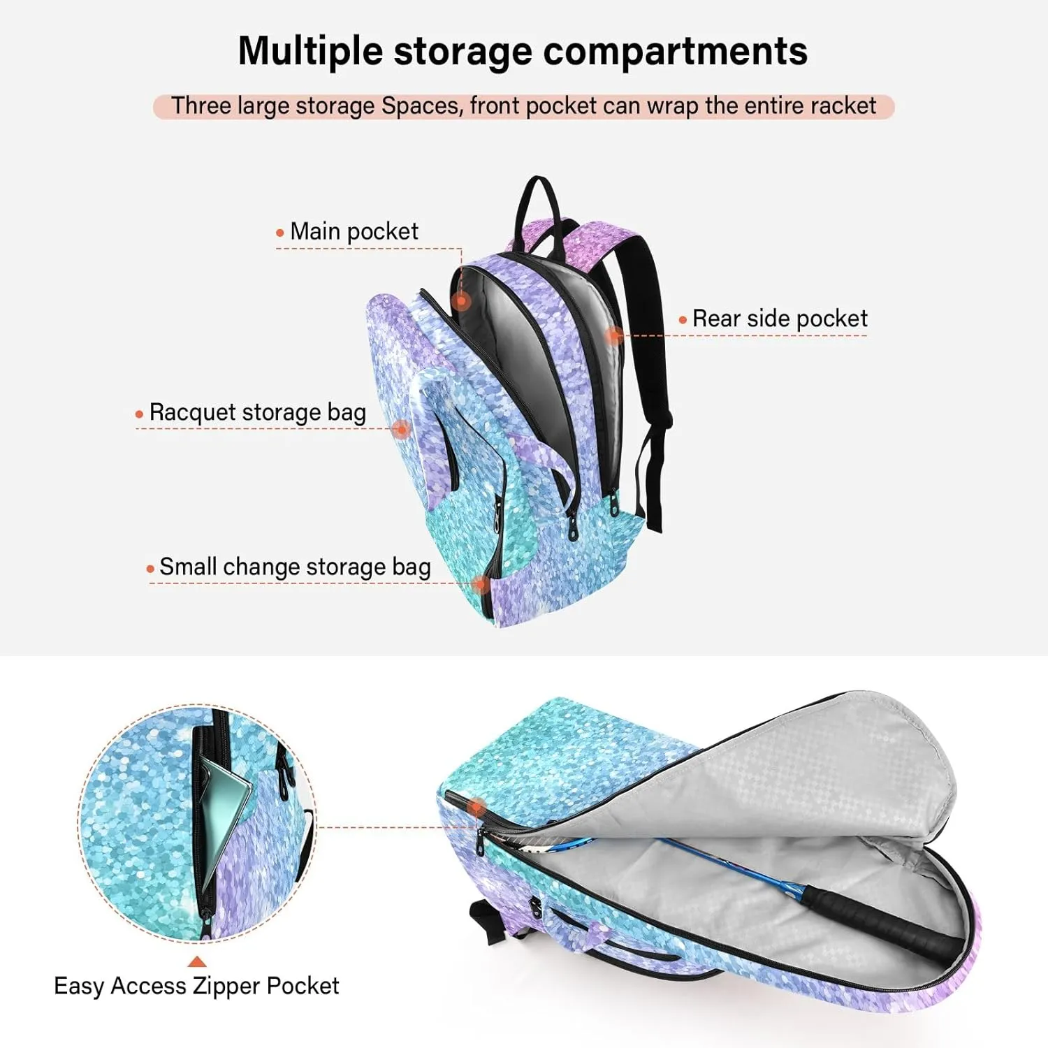 GAIGEO White Polka Dots Blue Pickleball Backpack, Large Capacity Pickleball Caddy, Various Storage Methods
