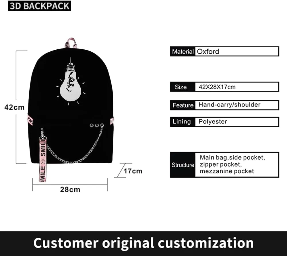 Game Omori Merch Backpack Three-piece Sets Casual Fashion Kpop Bags Travel Daypacks (Black-Backpack)