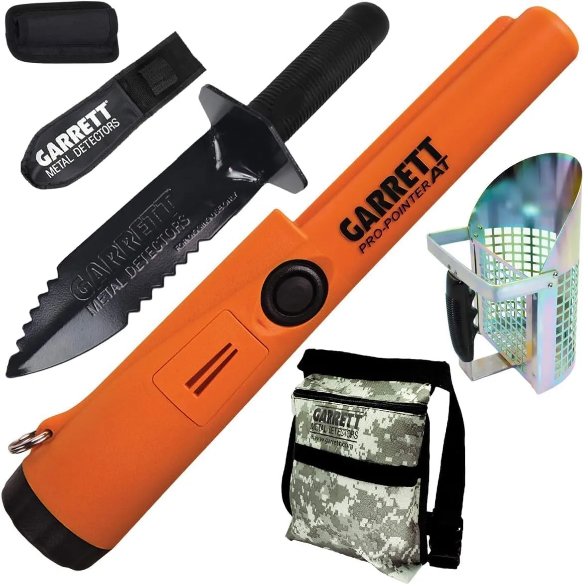 Garrett Pro-Pointer at, Edge Digger & Metal Scoop Bundle – Waterproof Pinpointer, 20ft Submersible, Fast Retune, Includes Camo Digger’s Pouch & Sheath