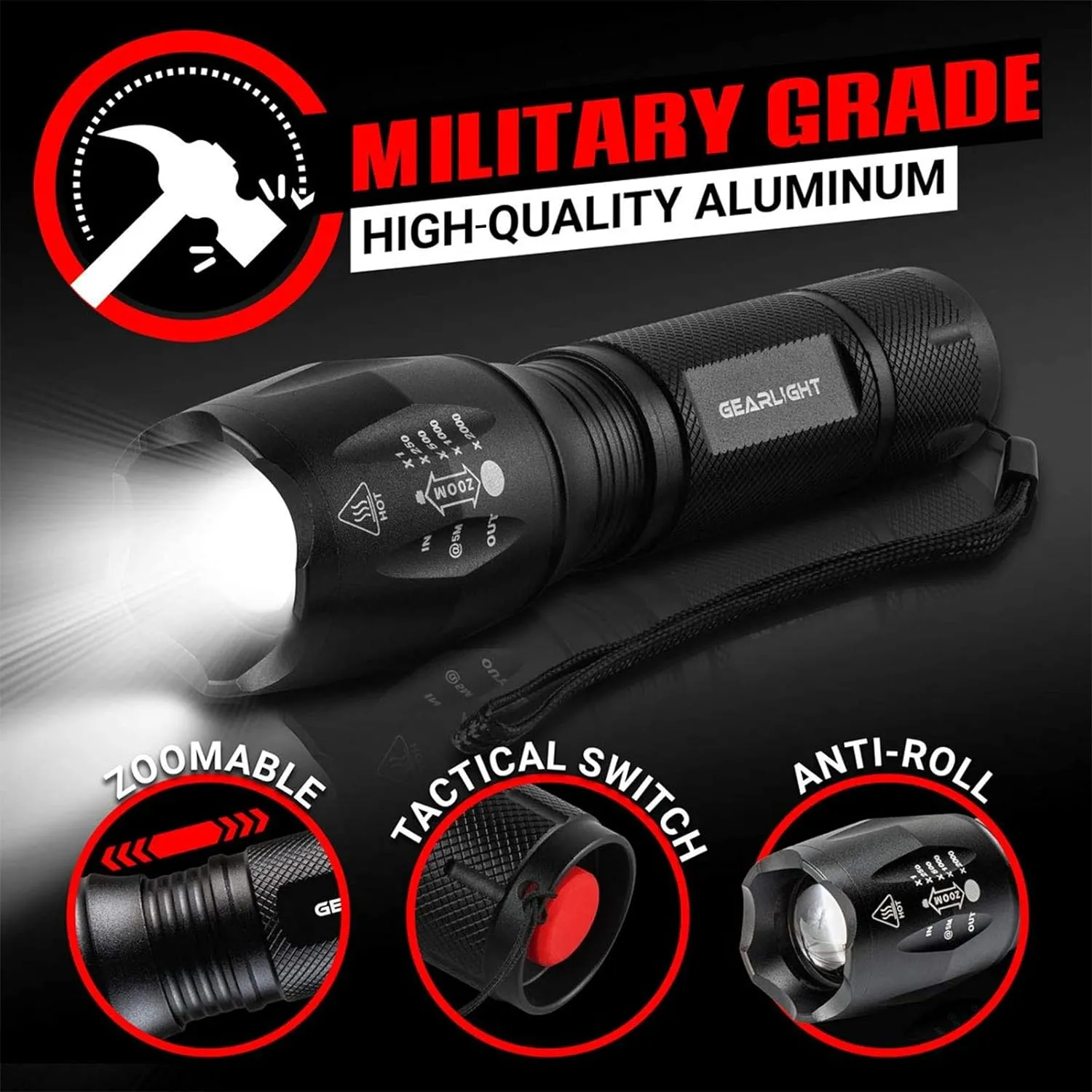 GearLight S1000 LED Flashlight 1040 Lumens (2 Pack) - 5 Modes - Zoomable Beam