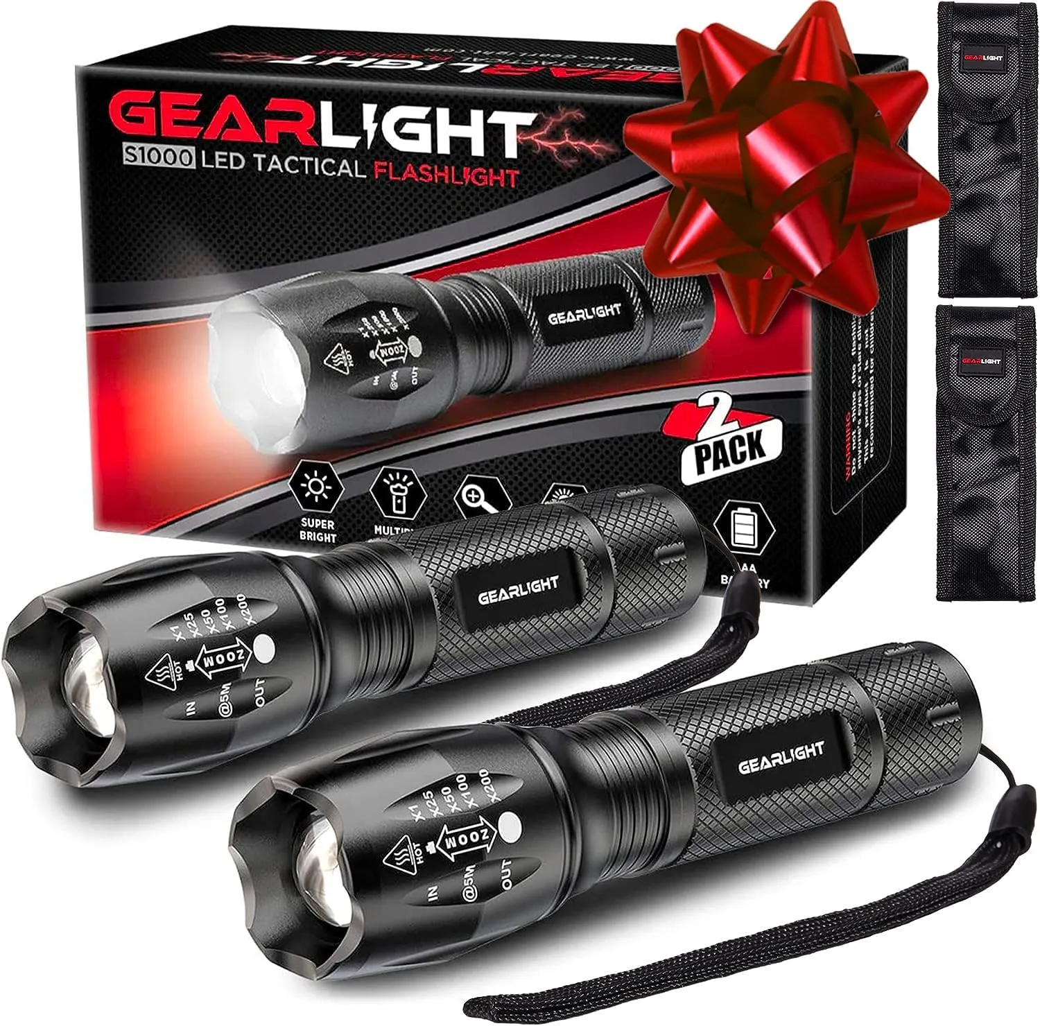 GearLight S1000 LED Flashlight 1040 Lumens (2 Pack) - 5 Modes - Zoomable Beam