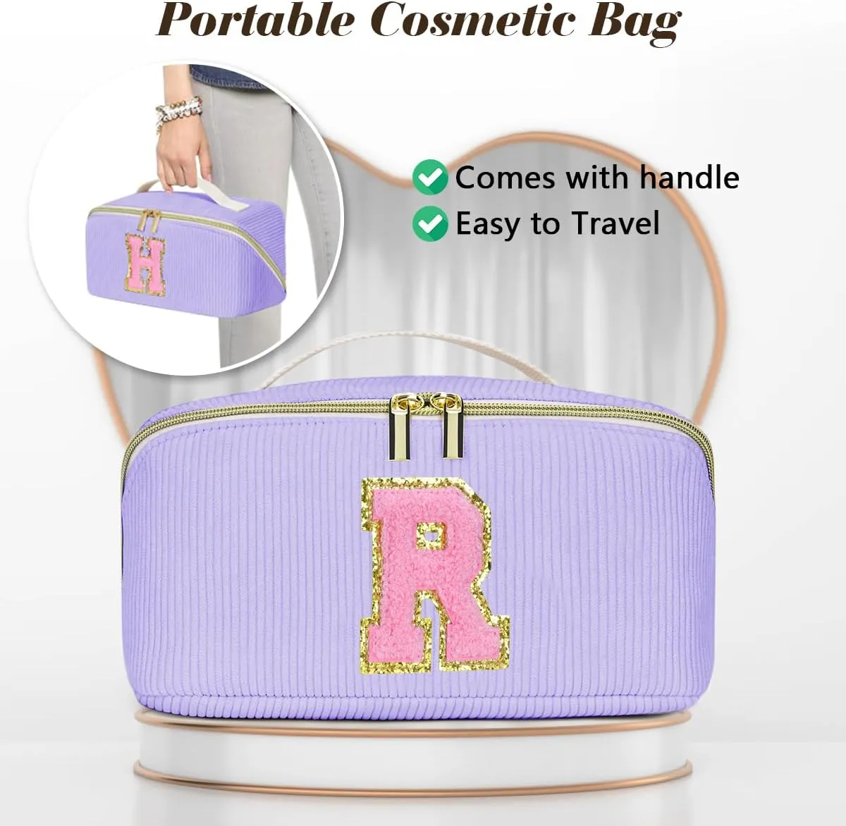 Gifts for Girls, Initial Travel Makeup Bag Women's Day Gift Make up Bag Cosmetic Bags Monther's Day Gifts, Personalized Stuff Bag Cute Makeup Bag Birthday Gifts for Women/Friend/Mother Purple - Q