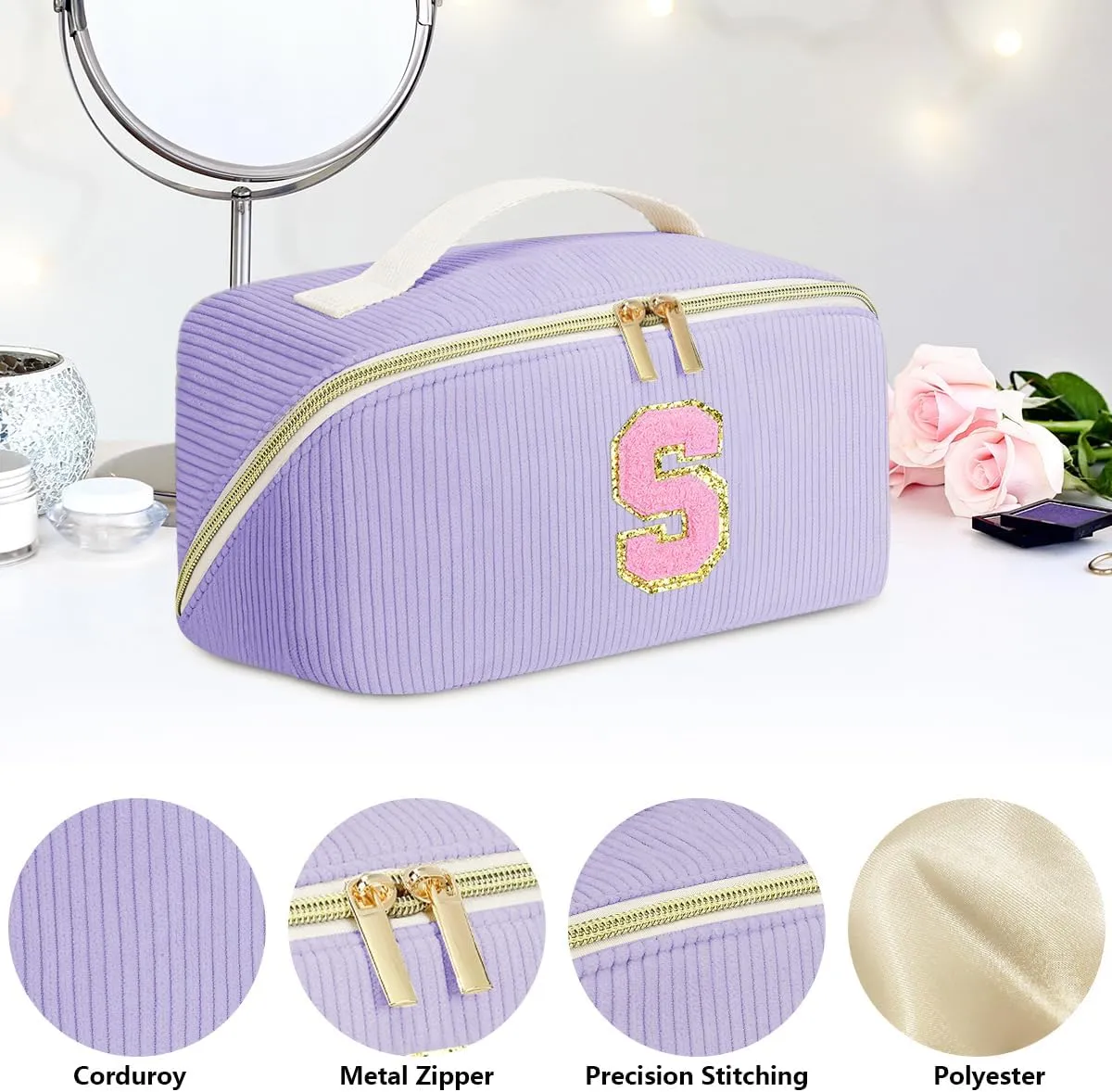 Gifts for Girls, Initial Travel Makeup Bag Women's Day Gift Make up Bag Cosmetic Bags Monther's Day Gifts, Personalized Stuff Bag Cute Makeup Bag Birthday Gifts for Women/Friend/Mother Purple - Q