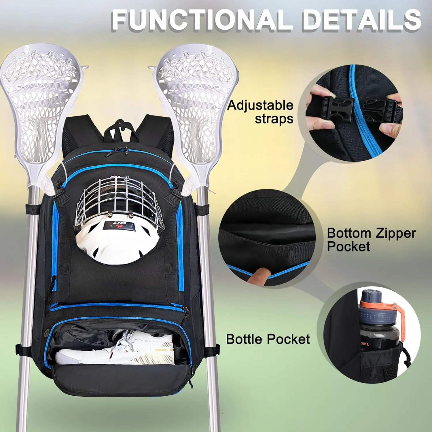 Goloni Lacrosse Equipment Backpack with Two Sticks holder and Separate Cleats Compartment Field Hockey Bag