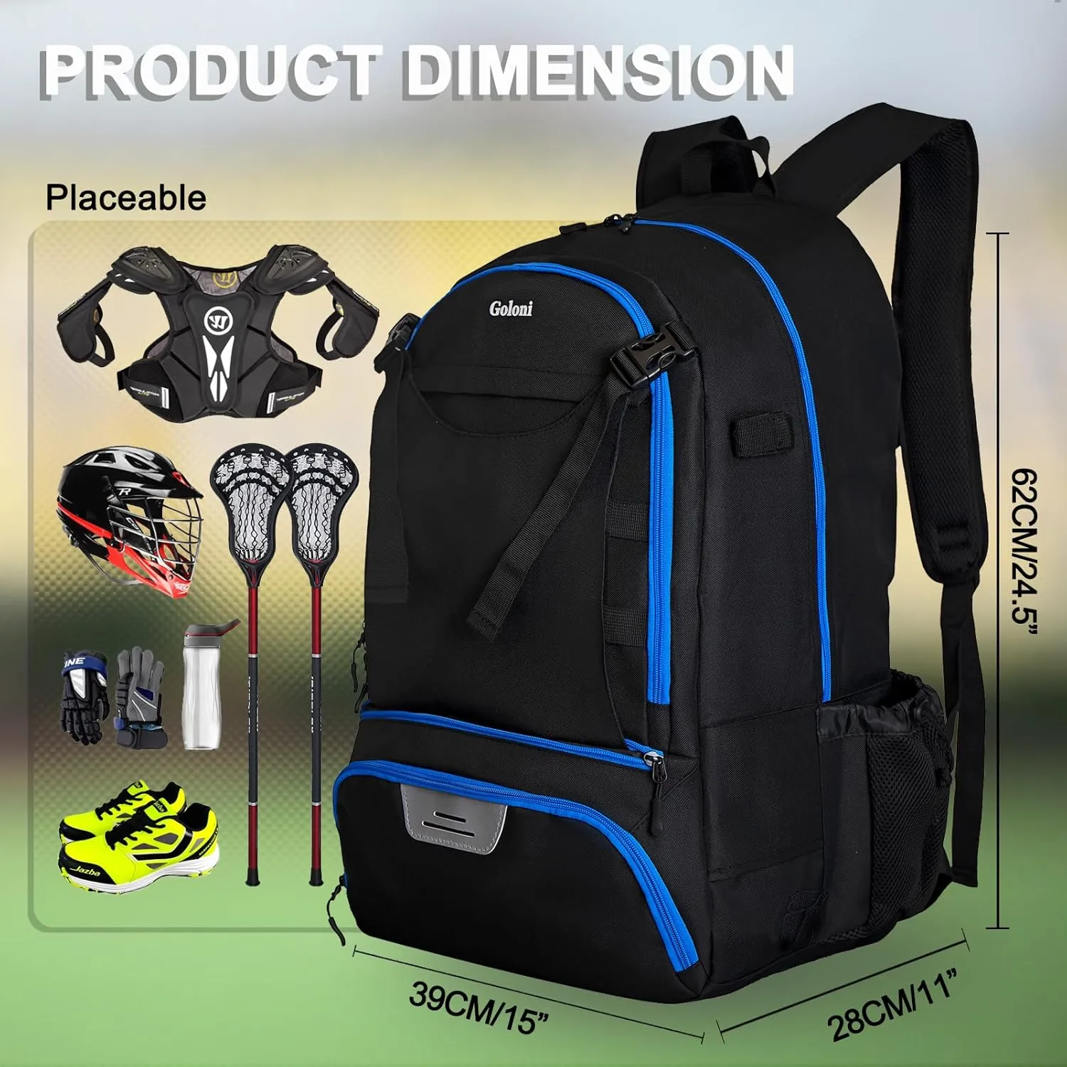 Goloni Lacrosse Equipment Backpack with Two Sticks holder and Separate Cleats Compartment Field Hockey Bag