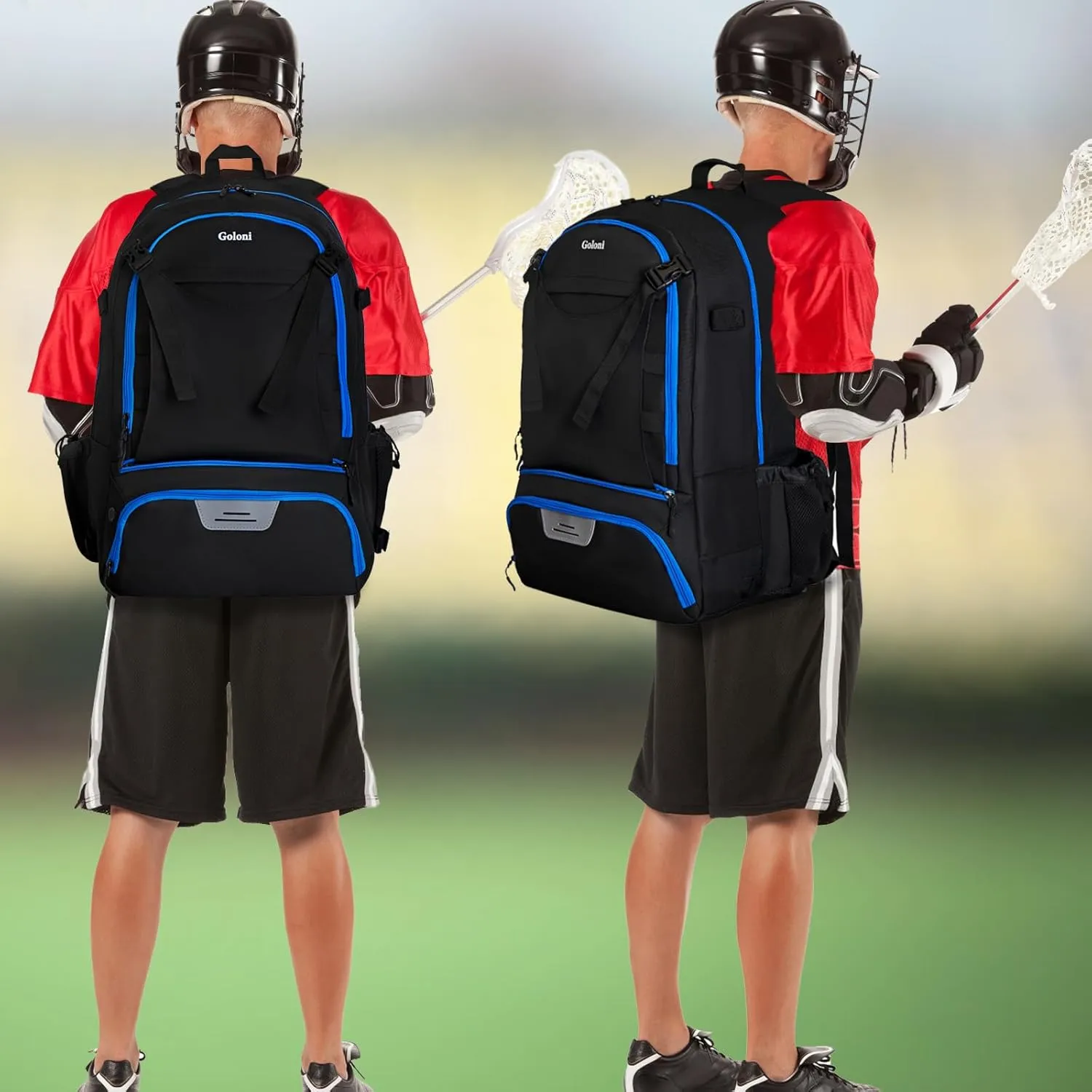 Goloni Lacrosse Equipment Backpack with Two Sticks holder and Separate Cleats Compartment Field Hockey Bag