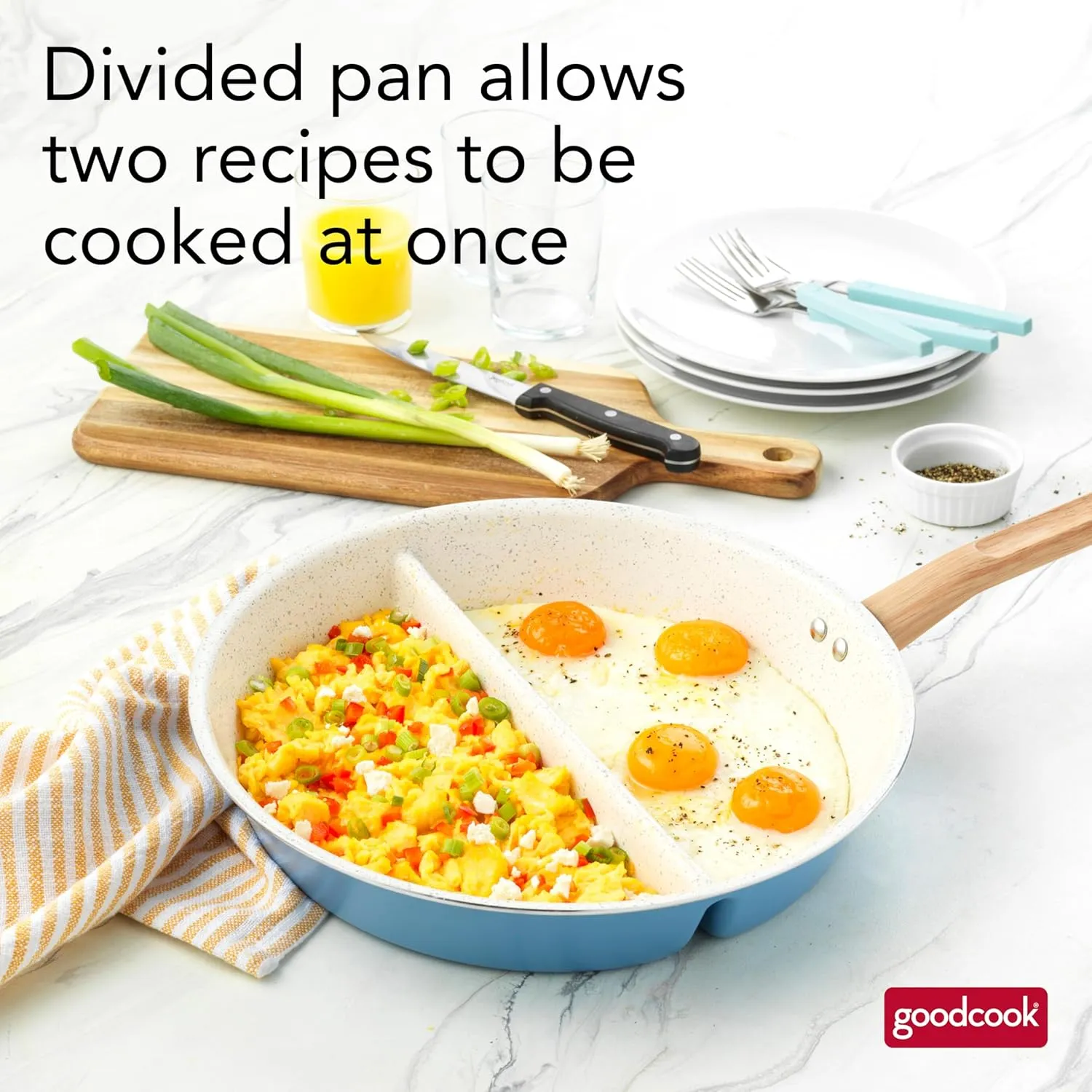 GoodCook Healthy Ceramic Titanium-Infused 12" Divided Skillet, Light Blue – Ceramic Cookware, Nonstick Cooking Pan, Divided Frying Pan Skillet for Eggs, Meats, Vegetables, Sauces, Warming Tortillas