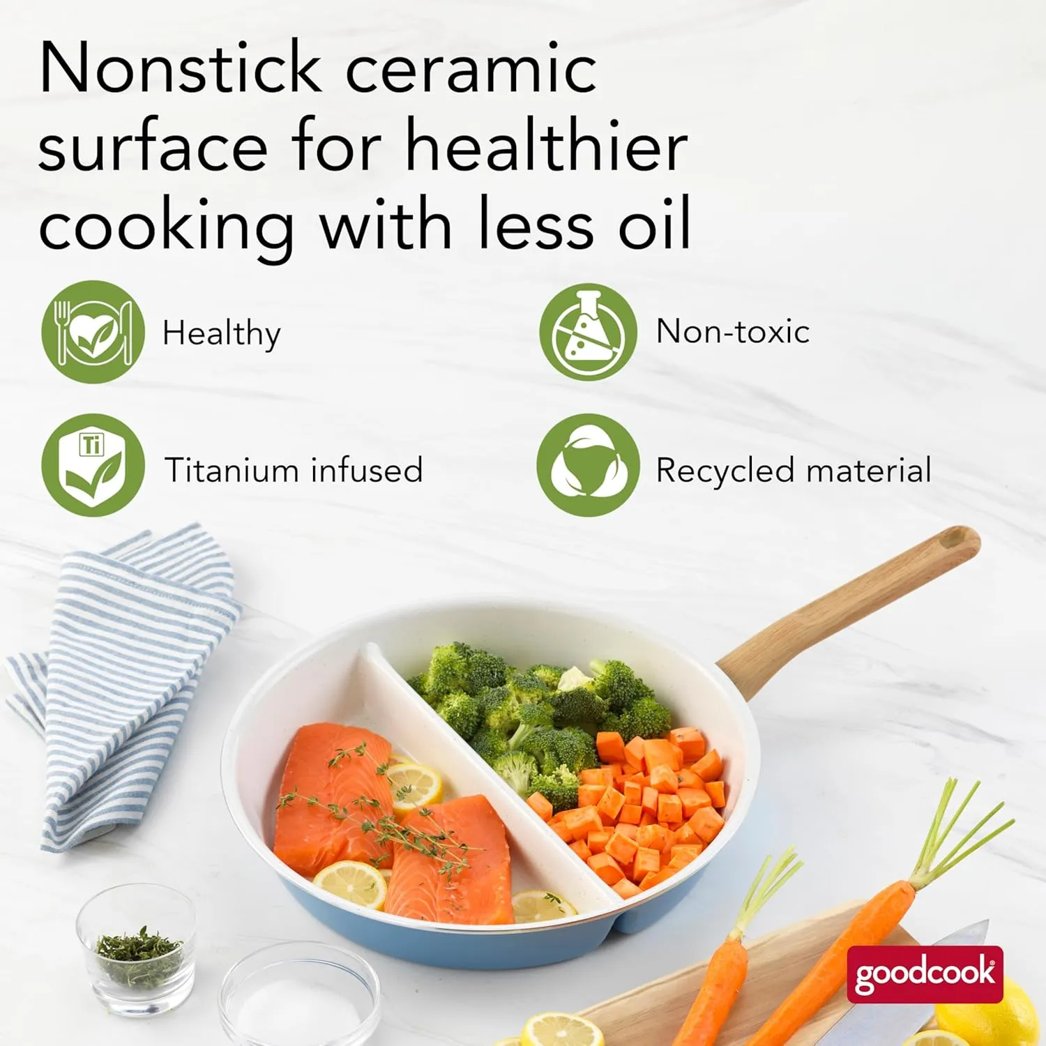 GoodCook Healthy Ceramic Titanium-Infused 12" Divided Skillet, Light Blue – Ceramic Cookware, Nonstick Cooking Pan, Divided Frying Pan Skillet for Eggs, Meats, Vegetables, Sauces, Warming Tortillas