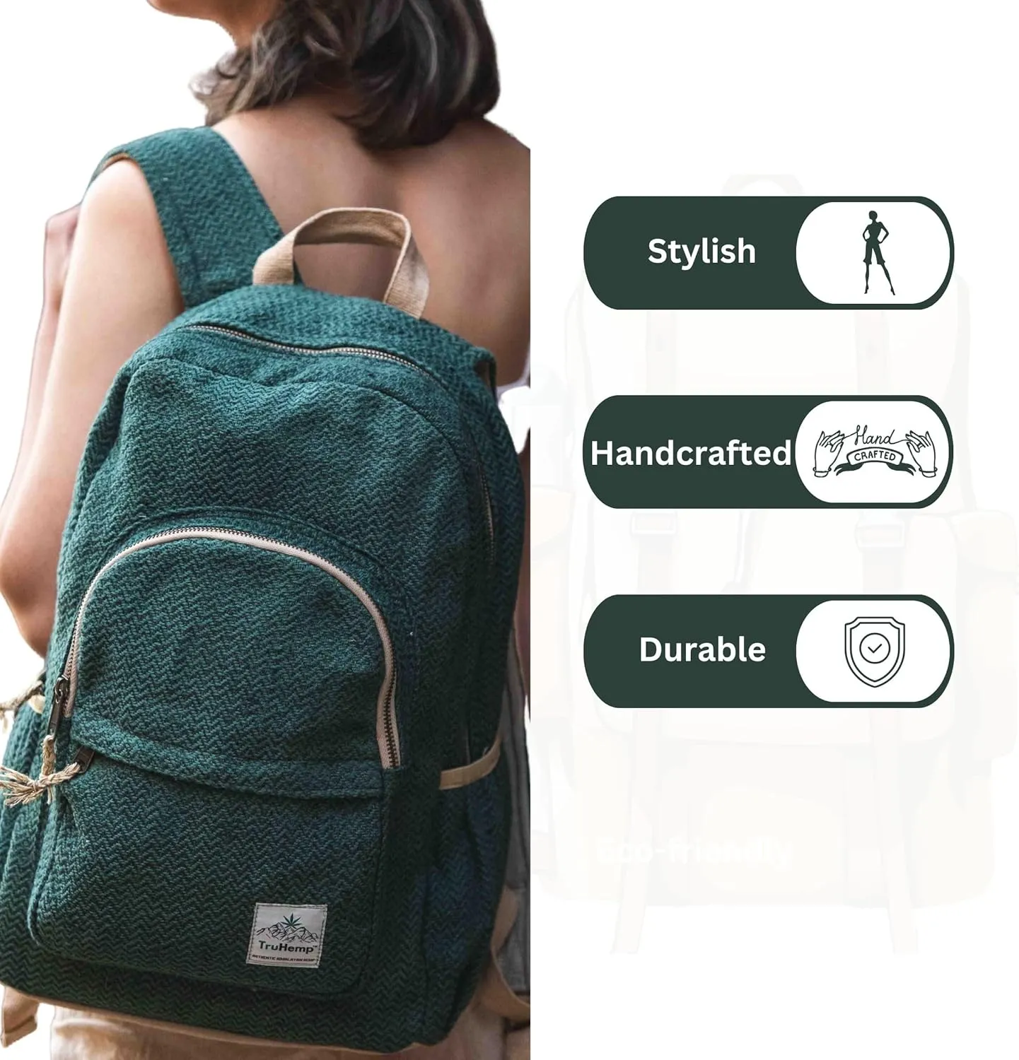 Green Hemp Backpack with Cotton Lining, 17L – Durable Bag with Six Compartments and YKK Zippers for Travel and Everyday Use