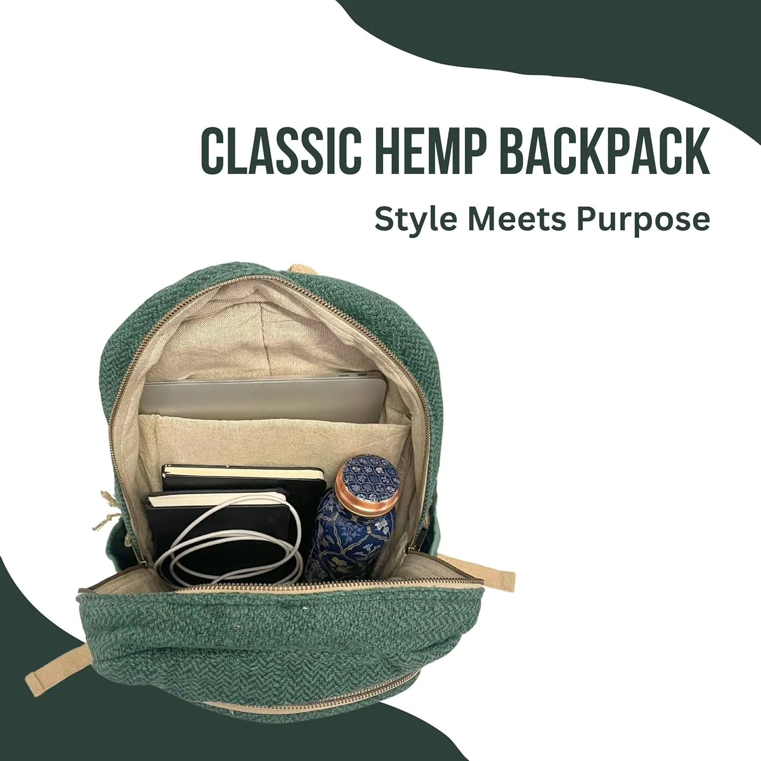 Green Hemp Backpack with Cotton Lining, 17L – Durable Bag with Six Compartments and YKK Zippers for Travel and Everyday Use