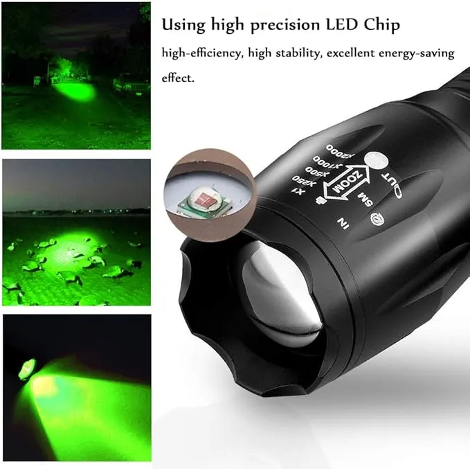 Green LED Flashlight Single Mode Hunting Light with Zoomable and Waterproof for Hunting Predator Fishing