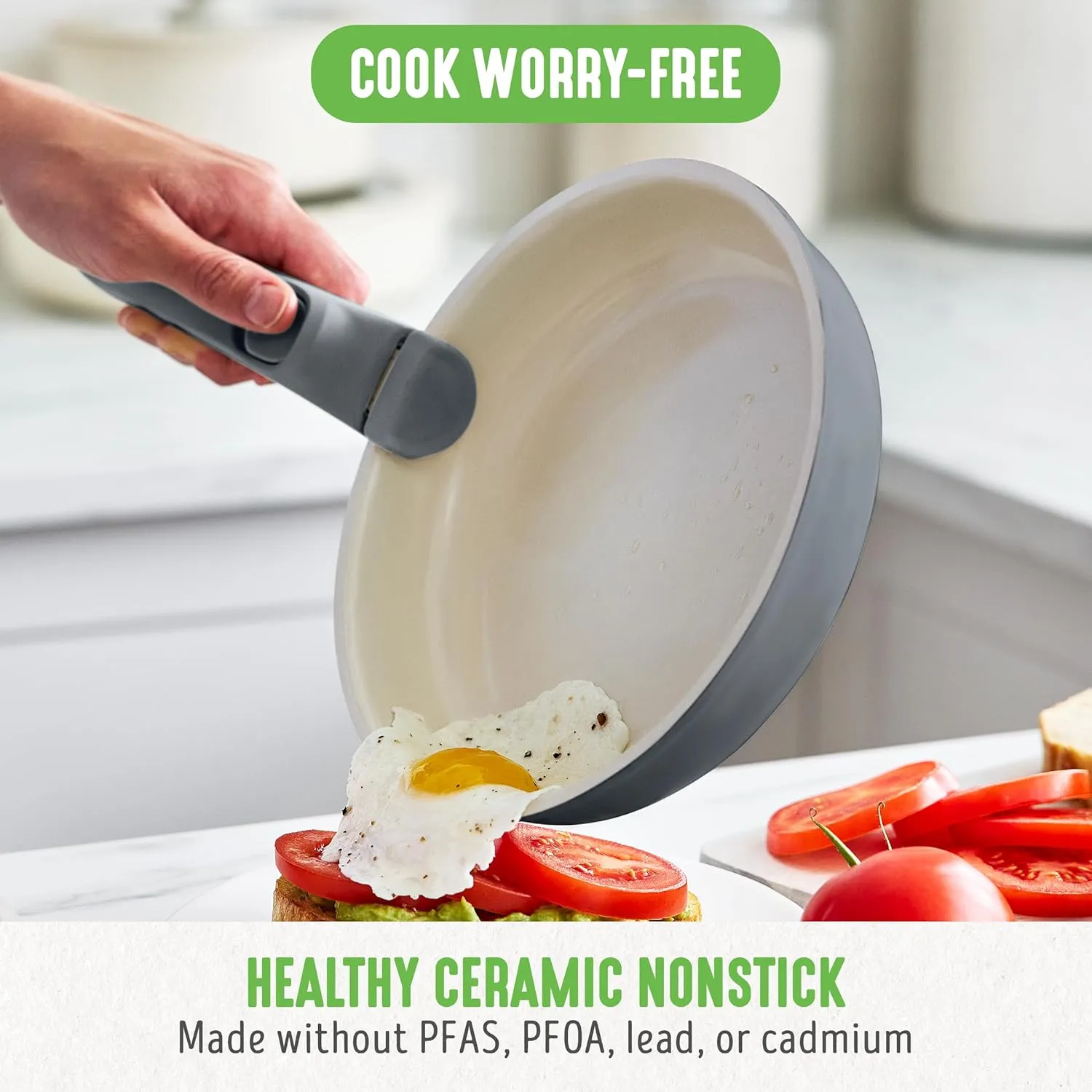 GreenLife 10 Piece Ceramic Pots and Pans Set, Nonstick Detachable & Stackable Cookware Set, Induction Kitchen Pans, Space Saving with Removable Handle, Oven Safe, Non Toxic PFAS-Free, Graphite
