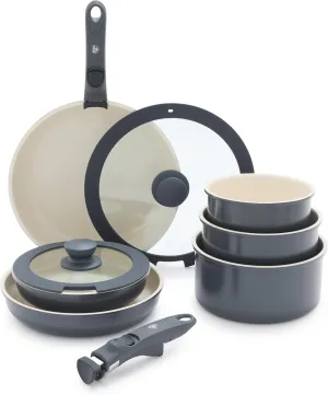 GreenLife 10 Piece Ceramic Pots and Pans Set, Nonstick Detachable & Stackable Cookware Set, Induction Kitchen Pans, Space Saving with Removable Handle, Oven Safe, Non Toxic PFAS-Free, Graphite