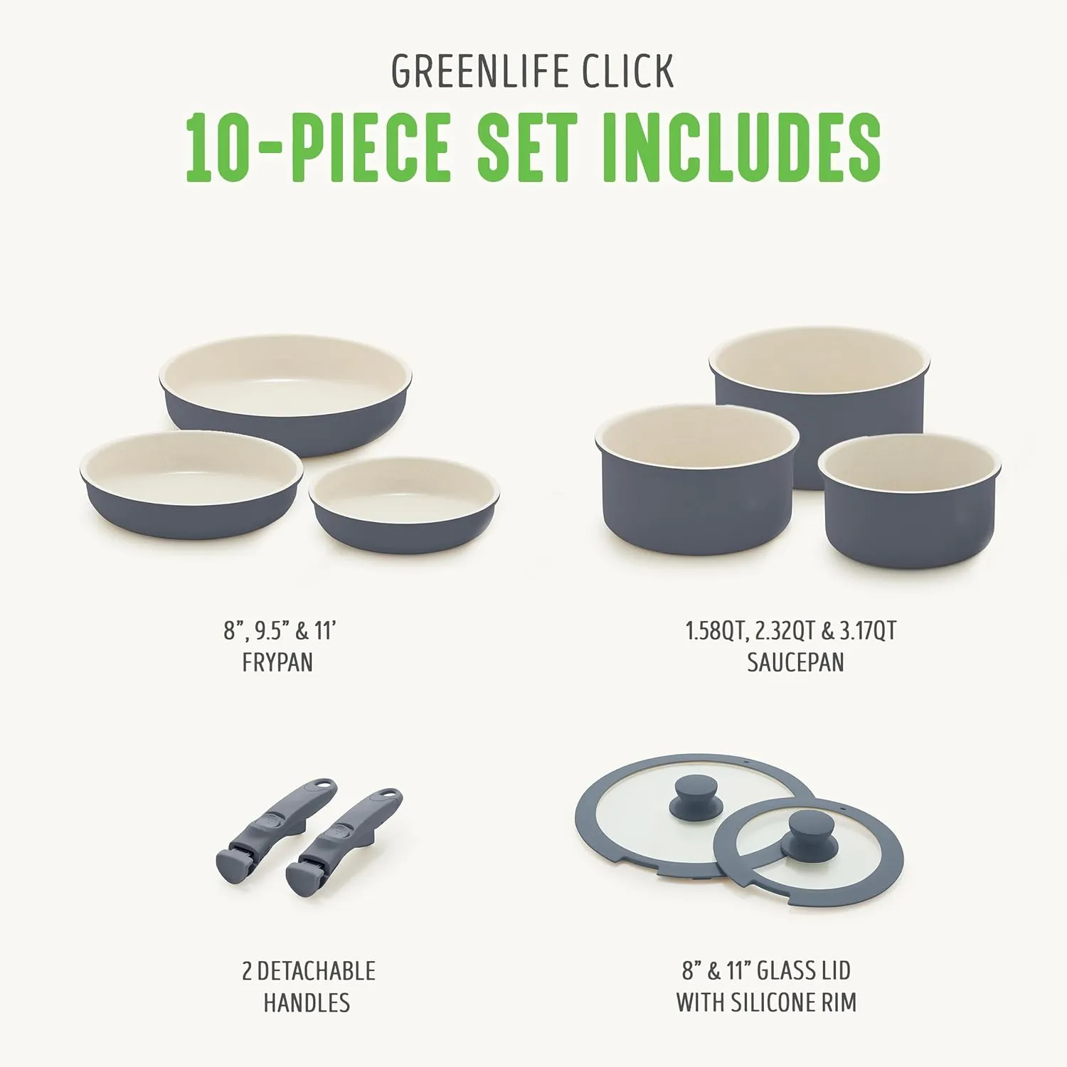 GreenLife 10 Piece Ceramic Pots and Pans Set, Nonstick Detachable & Stackable Cookware Set, Induction Kitchen Pans, Space Saving with Removable Handle, Oven Safe, Non Toxic PFAS-Free, Graphite
